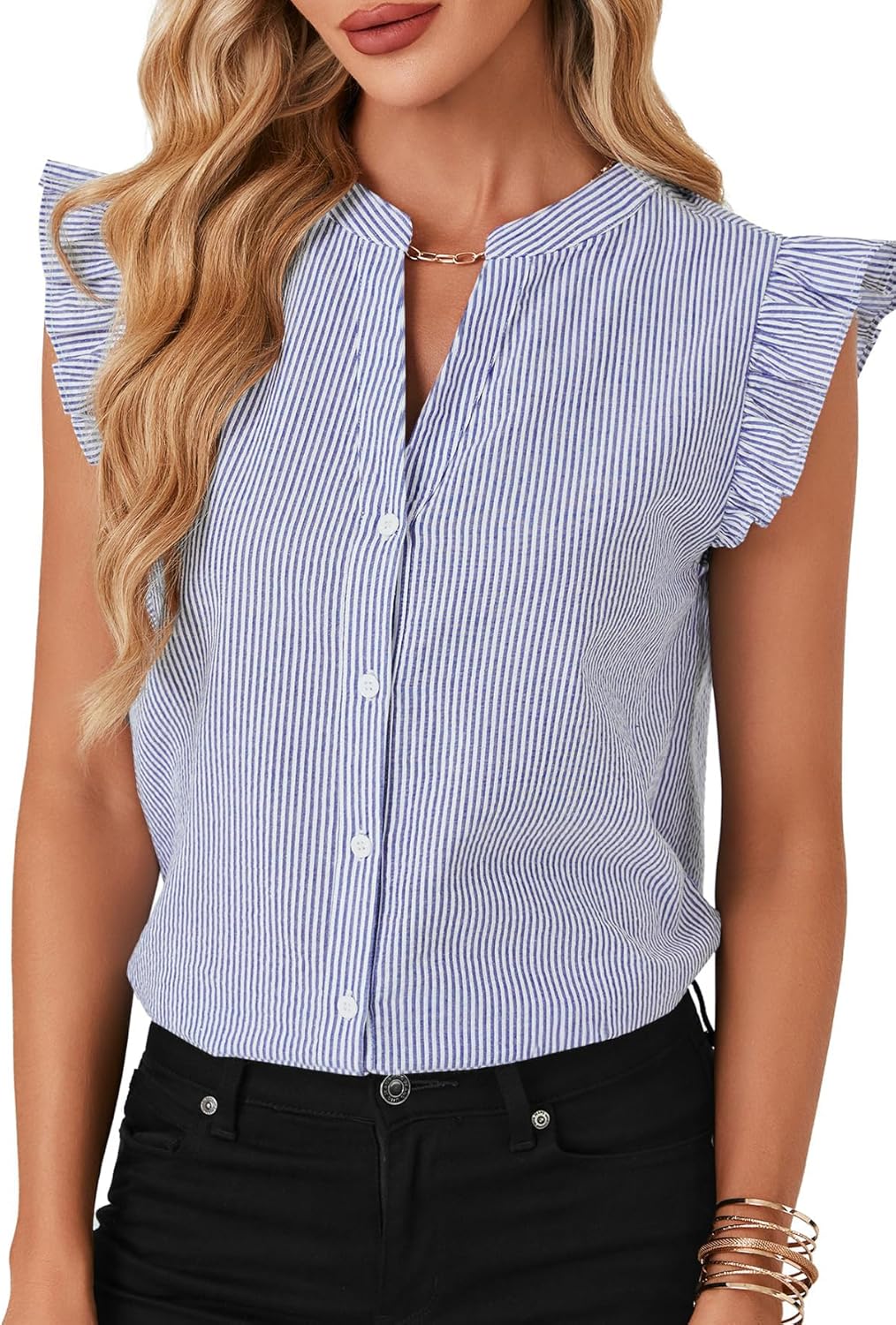 Vrtige Women's Dressy Striped V Neck Button Down Ruffle Cap Sleeve Summer Blouse Shirt Top - Image 3