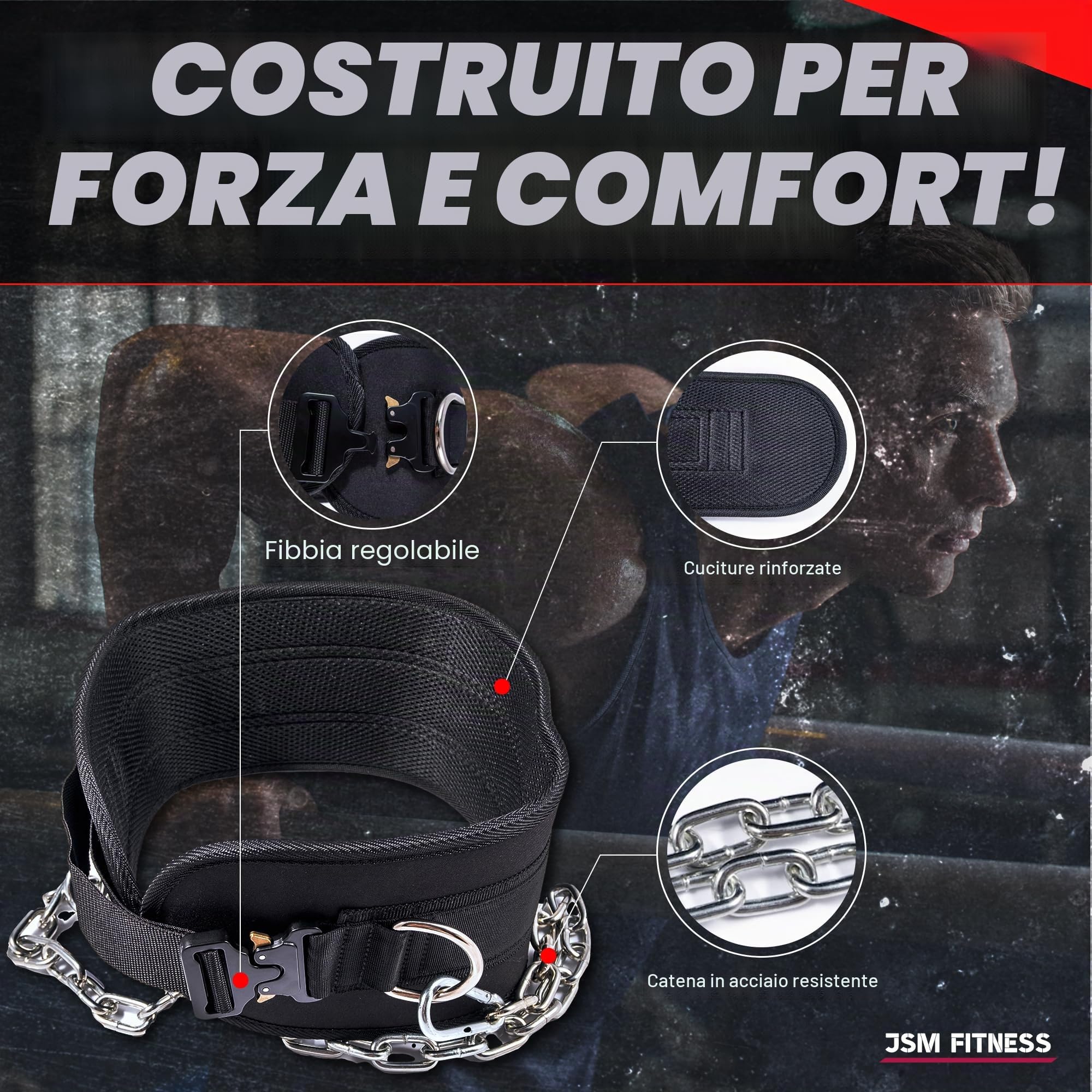 Cintura per Zavorra Palestra con Catena 240kg e 2 Moschettoni - Cintura Pesi Bodybuilding e Calisthenics Uomo | Supporto Neoprene per Dip, Fitness, Powerlifting, CrossFit