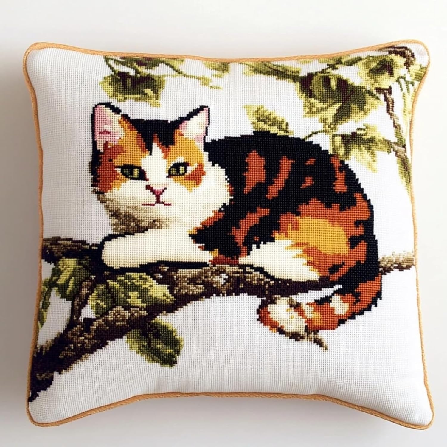 Nahuigood 11Ct Stamped Cross Stitch Kit,Cat In The Tree 45X45cm Diy Embroidery Cushion,Tapestry Pillow Kit For Living Room Sewing Supplies Adults Beginners Gift