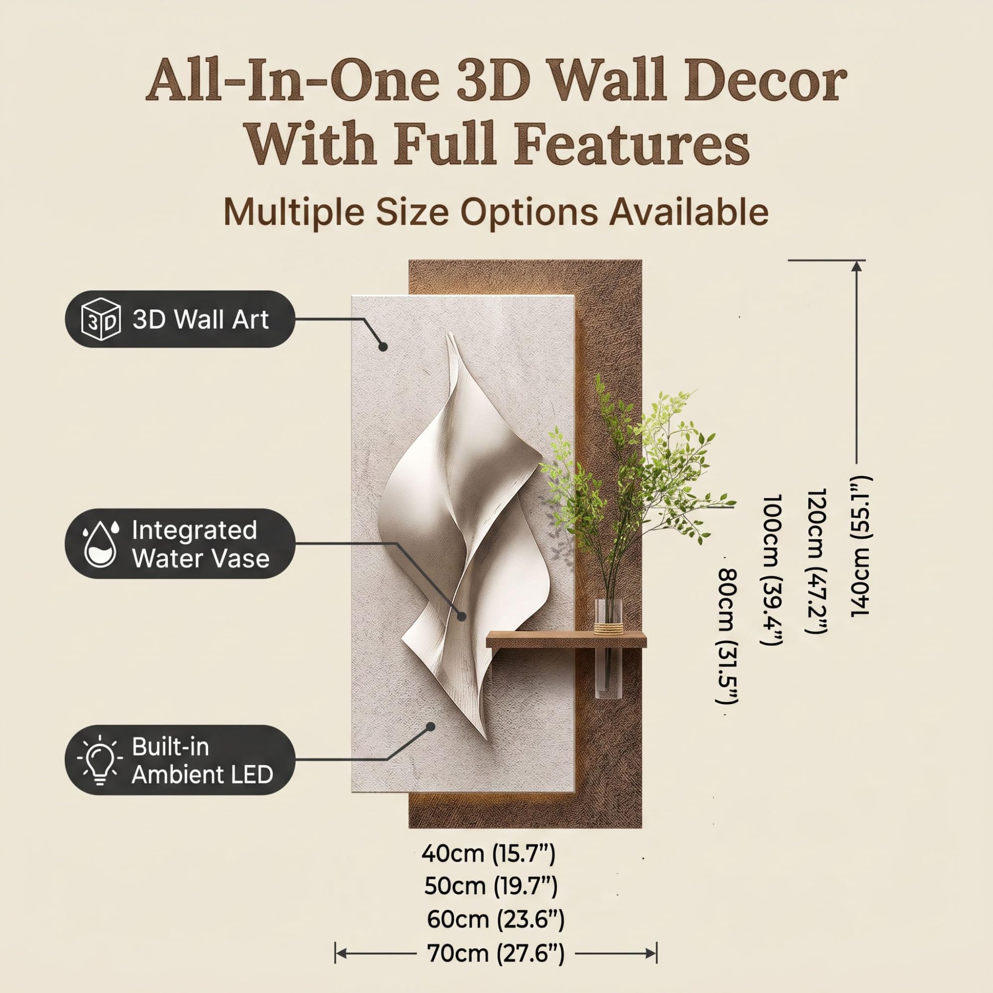 Wanddeko Wohnzimmer mit LED-Licht, 3D Sandstein-Relief & Vase | Handgefertigte Sandstein-Struktur, Integrierte LED-Beleuchtung, Kreative Vasen-Funktion(Brown B,70x140cm/27.5x55.1'')