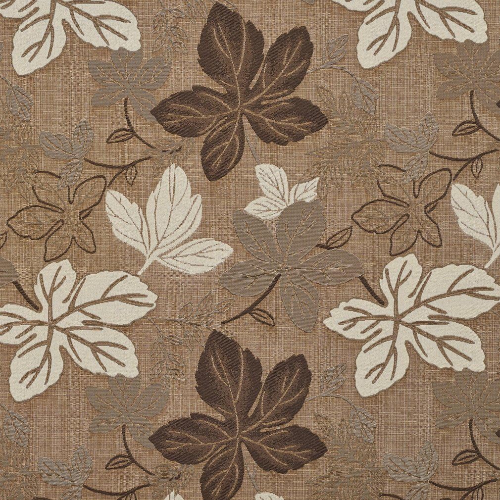 A391 Brown and Ivory Large Leaves Textured Metallic Upholstery Fabric by The Yard- Closeout