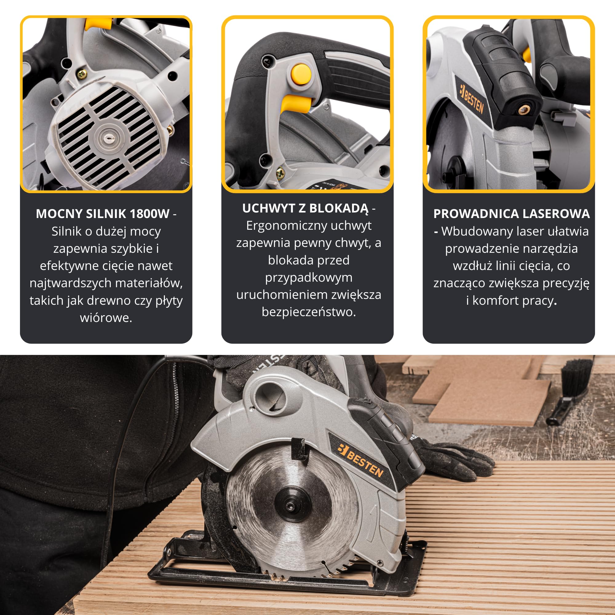 Piła tarczowa ręczna 2000W 185 mm do drewna, laser, 3 tarcze 24T 40T 60T, cięcie 65 mm, regulacja 0–45°, odsysanie pyłu BESTEN