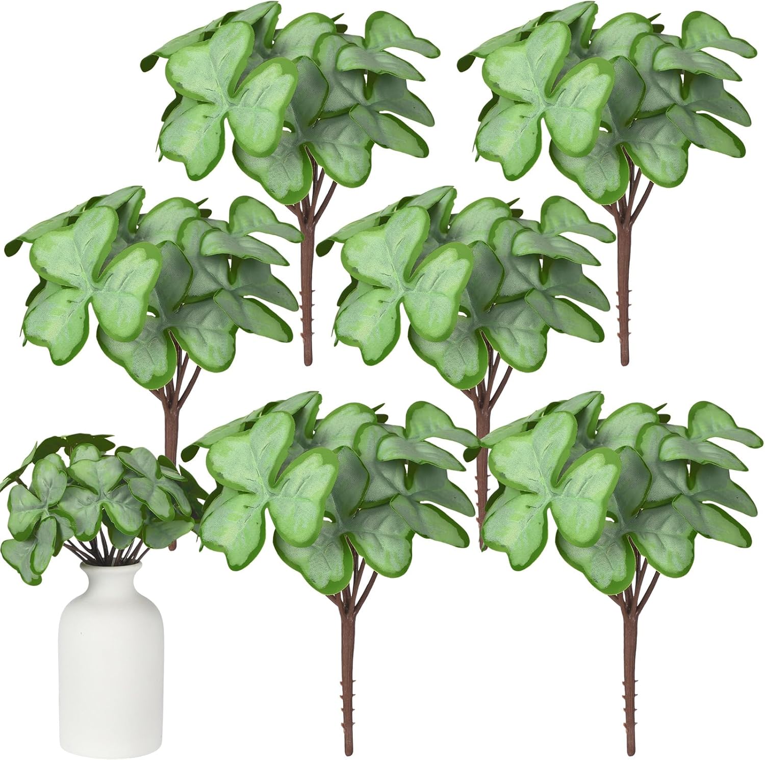 6 Bunch St Patricks Day Decoration Artificial Shamrock Plant Shamrock Pick Faux Flower Stem Irish Clover plastic Floral Fake Green Leaf Realistic Flower Arrangement DIY Vase Home Table Decor(Classic)