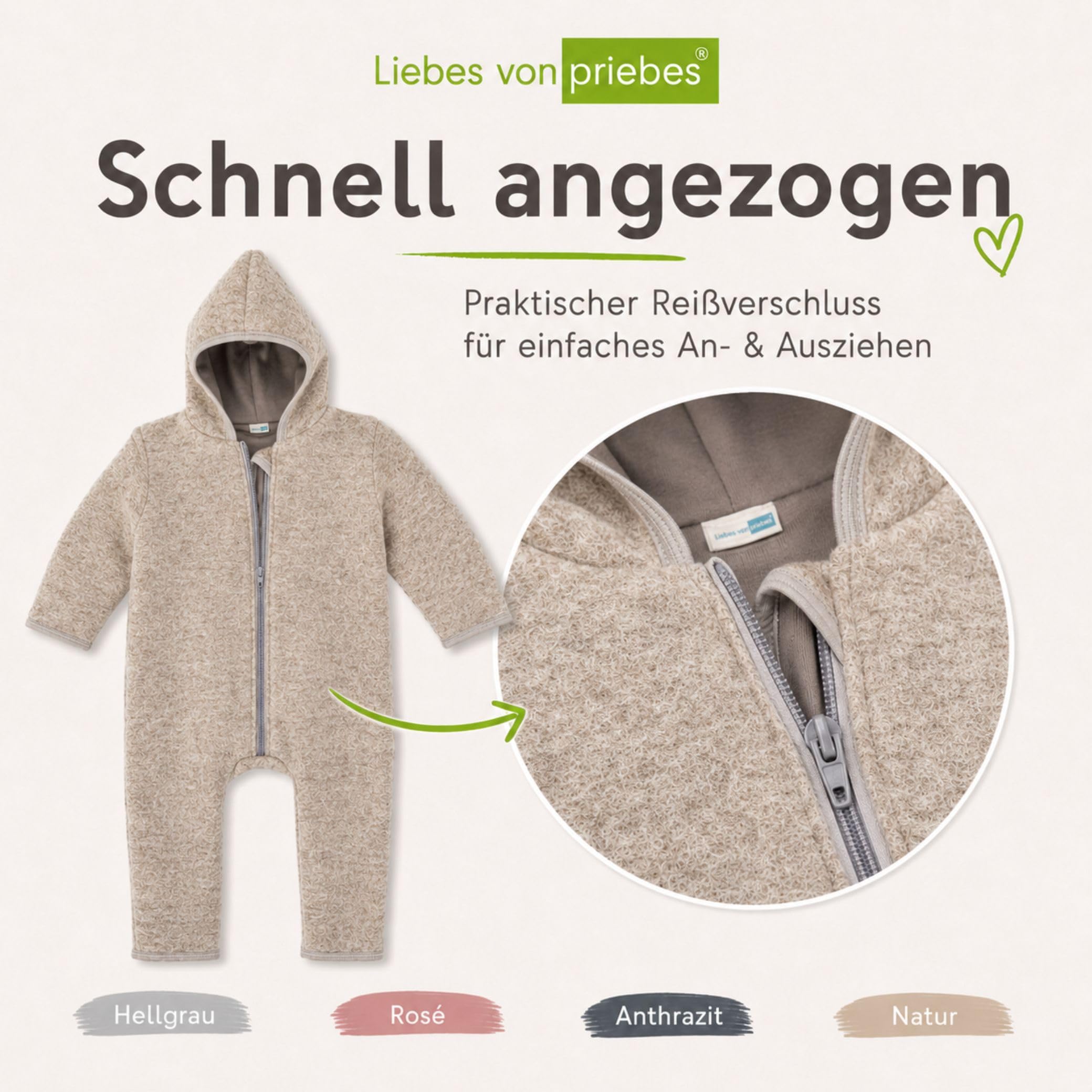 WALKOVERALL Wanda | Wollwalk aus Natur Schurwolle mit Reißverschluss | Warmer Woll-Anzug für Kleinkind & Baby | Babyoverall | Perfekt für den Winter & kalte Tage