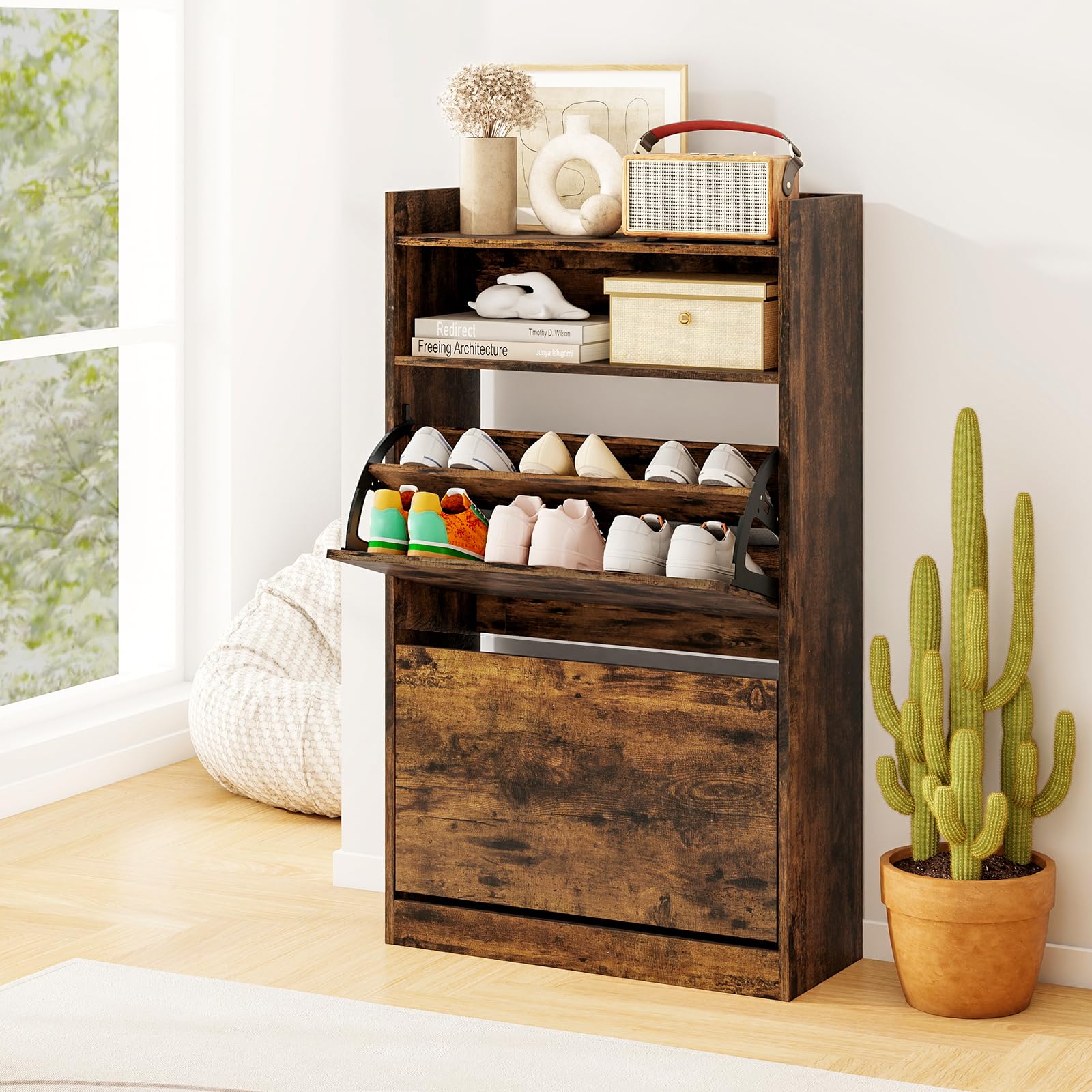 COSTWAY Zapatero con 2 Cajones Abatibles, Zapatero Estrecho con Almacenamiento Abierto, Mueble para Zapatos Madera Entrada Recibidor Pasillo, 60 x 24 x 102 cm (café)