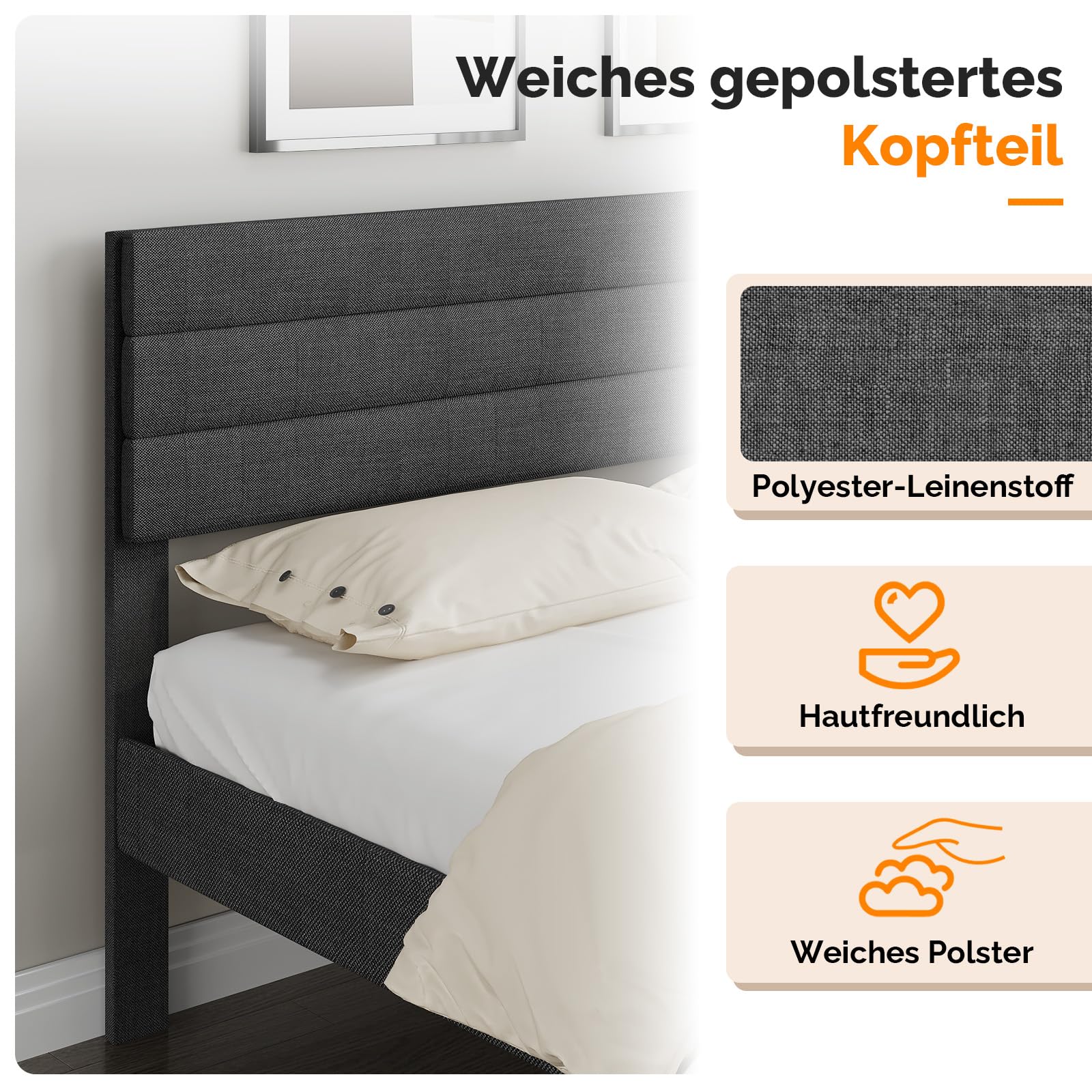 Bonnlo Polsterbett 90x200 cm mit verstellbarem Kopfteil, Bett 90x200 mit Lattenrost aus Holz, Leinenoptik(ohne Matratze)