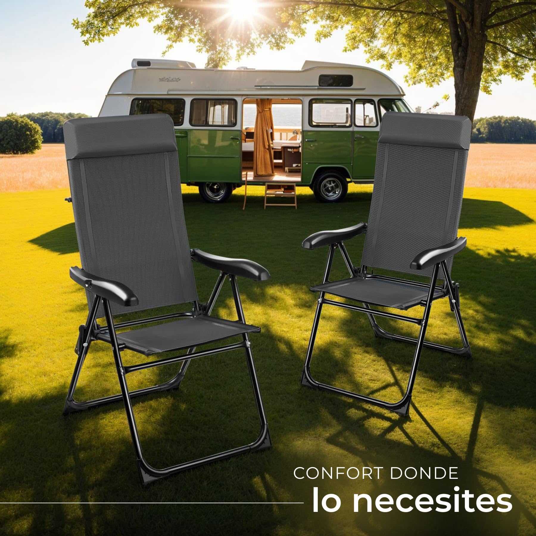 tectake® Silla de Camping Plegable de Aluminio, Respaldo Ajustable 7 Posiciones, Tejido Transpirable, Reposabrazos Ergonómicos, Cojín Extraíble, Pies Antideslizantes, Ideal Acampada y Playa - 4 sillas
