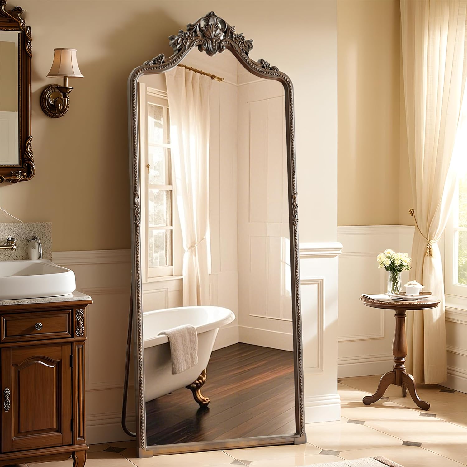 Arched Full Length Mirror, 69x28 Standing Floor Full Body Mirror with Baroque Carved, for Living Room, Bedroom, Entryway, Antique Bronz