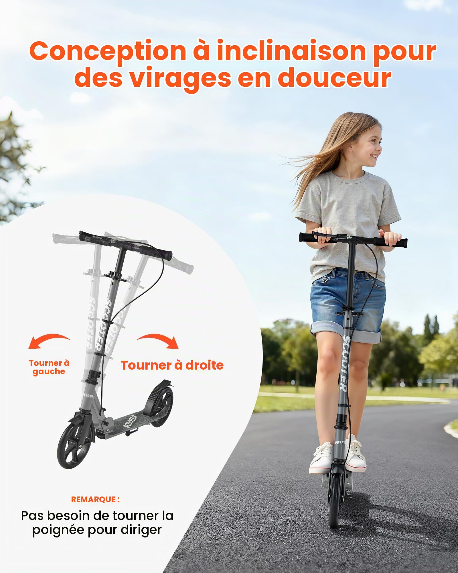 VEVOR Trottinette pour Enfants de 8 Ans et Plus, Ados et Adultes, patinette à 2 Roues, Guidon réglable en Hauteur et Plateau antidérapant, Cadre Pliable et léger pour garçons et Filles à 100 kg, Gris