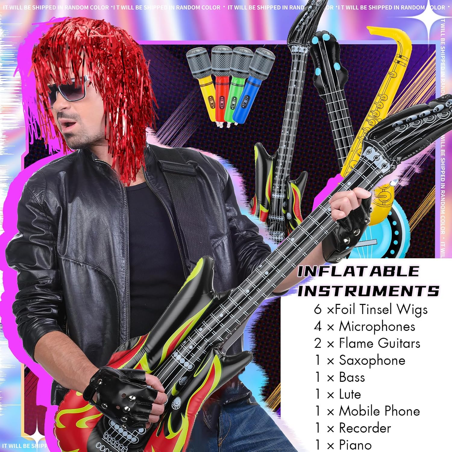 Inflatable Instrument Party Props Toy Set 12 Pcs Inflatable Instruments and 6 Pcs Tinsel Wigs Blow up Guitar Saxophone Microphone Mobile Phone for 80s 90s Carnival Party