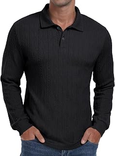 Men's Casual Polo Shirts Twisted Button Long Sleeve Tees Collared Golf Shirt