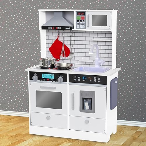 Miniatura 7 de Lil' Jumbl Juego de cocina pequeño blanco para niños, cocina de madera de simulación, incluye campana extractora, microondas, estufa, horno que hace