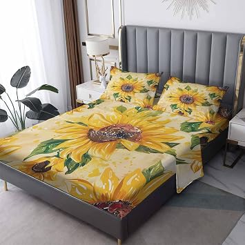 Sunflower Sheets California King Sheet Sets - Farmhouse Yellow Floral Bed Sheets, Soft & Deep Pocket & Wrinkle Free Bedding Sheets & Pillowcases, 1 Fitted Sheet, 1 Flat Sheet, 2 Pillow Cases