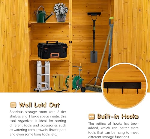 Miniatura 6 de Cobertizo de almacenamiento para exteriores, armario de almacenamiento de jardín con puerta doble con cerradura, cobertizo de herramientas de madera