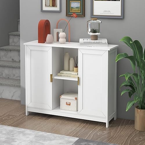 Miniatura 5 de TaoHFE Gabinete Buffet Blanco con Almacenamiento, Aparador Estrecho de Madera Gabinetes de Entrada, Gabinete Blanco Moderno con Puertas Credenza