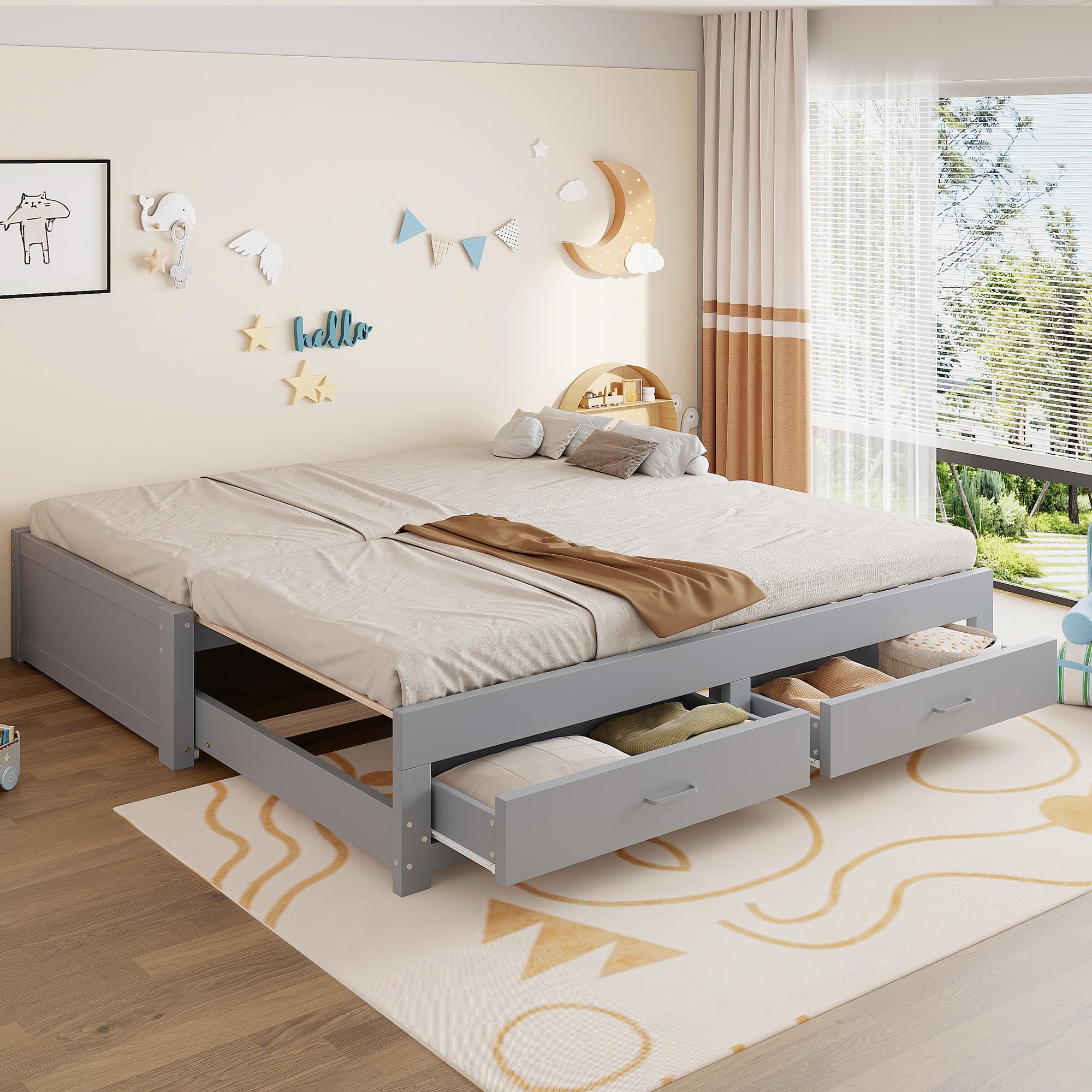 Sofá cama de madera con cajones y somier para ahorrar espacio en salones pequeños