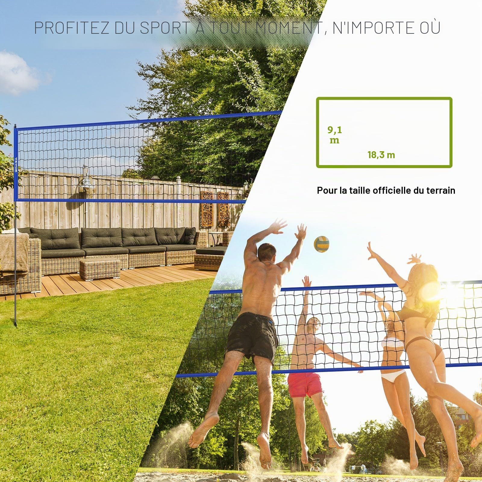 VEVOR Filet de Volley-Ball Portable d'Extérieur, Poteaux en Acier à Hauteur Réglable, Ensemble de Volley-Ball Professionnel avec Ballon de Volley en PVC, Pompe et Sac, pour Jardin, Plage, Pelouse