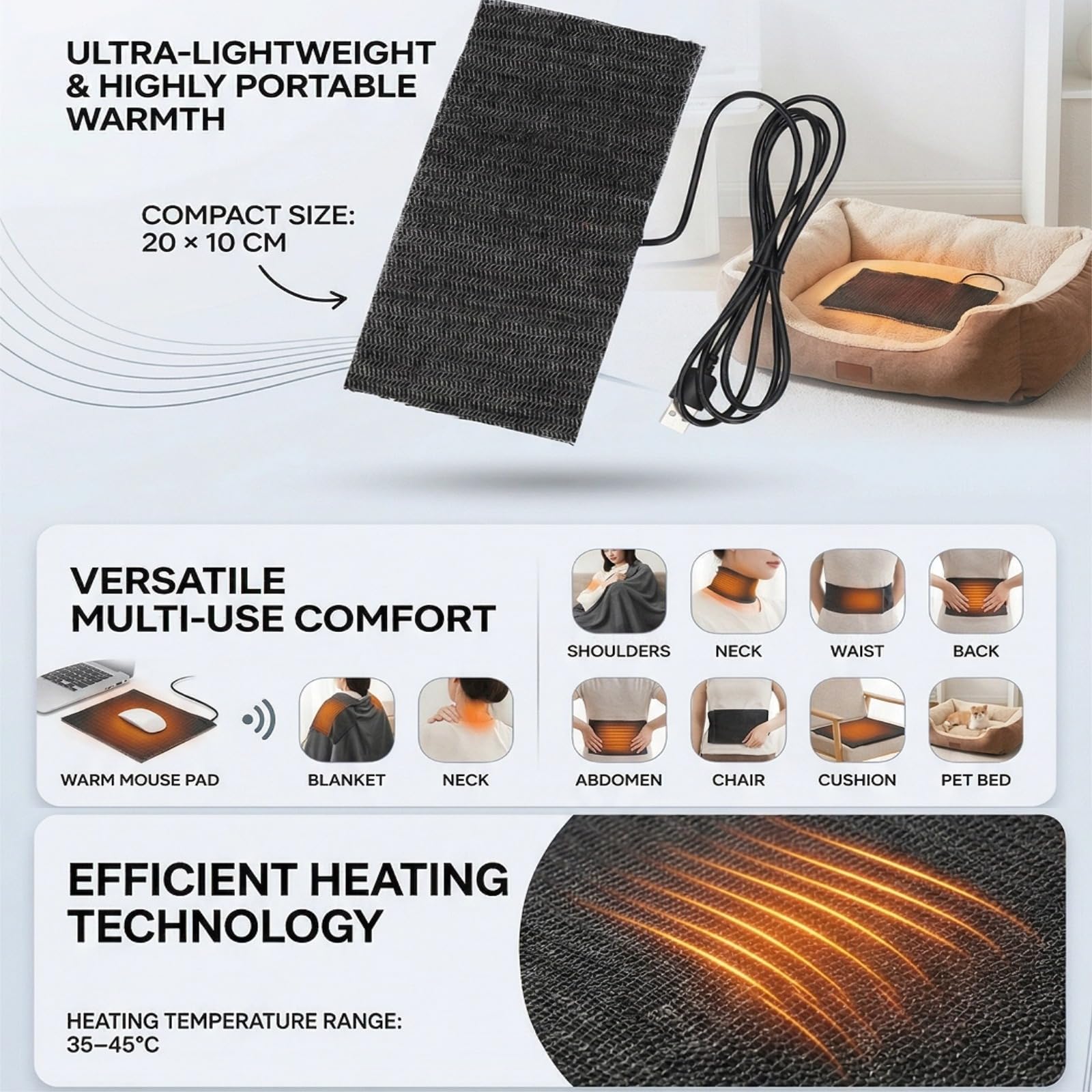 Hilitand Almohadilla eléctrica 5V USB Calentador eléctrico de Tela Almohadilla del Calentador para la Ropa Asiento para Mascotas Calentador 35 ℃ -45 ℃, 7.87 x 3.94 Pulgadas Negro