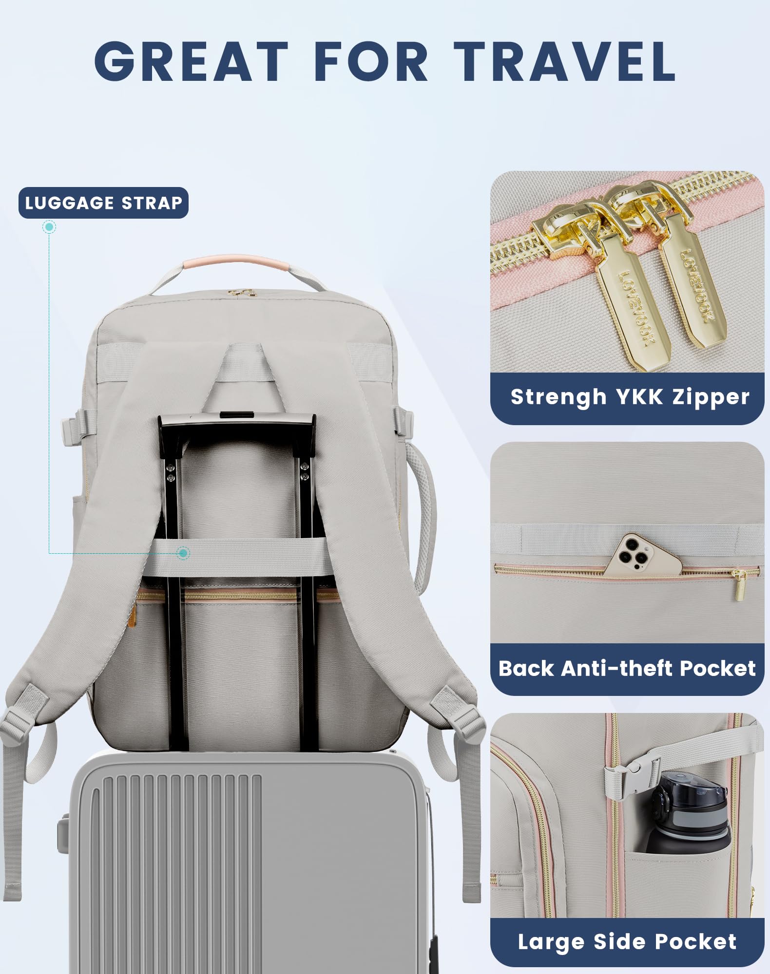 LOVEVOOK Handgepäck Rucksack Flugzeug, 40L Groß Reiserucksack Damen Kofferrucksack, Wasserdicht Reisetasche für 17 Zoll Laptop, Travel Backpack für Reise Geschäftsreise Business Wandern Weekend