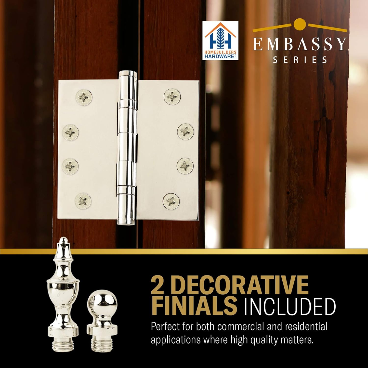 EMBASSY Door Hinge Solid Brass - 3.5 x 3.5 Inch, Heavy Duty, Polished Nickel, Ball Bearings, Rust Resistant Pin, Architectural Designer Grade, Home Improvement, 2 Pack