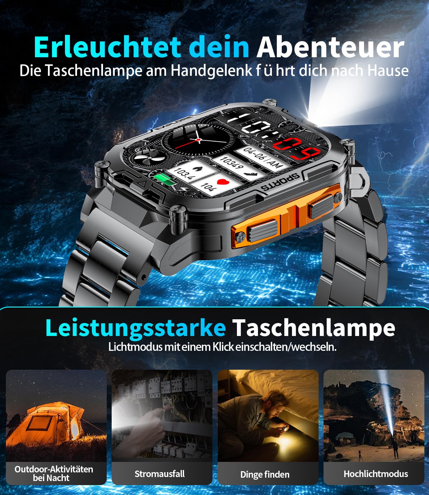 1000mAh Akku Smartwatch Herren Militär, 2.01" Sportuhr Herren mit Telefonfunktion/LED Taschenlampe, 100+ Sportmodi Fitnessuhr mit IP68,Herzfrequenz/Schlafmonitor,für Android iOS, Schwarz