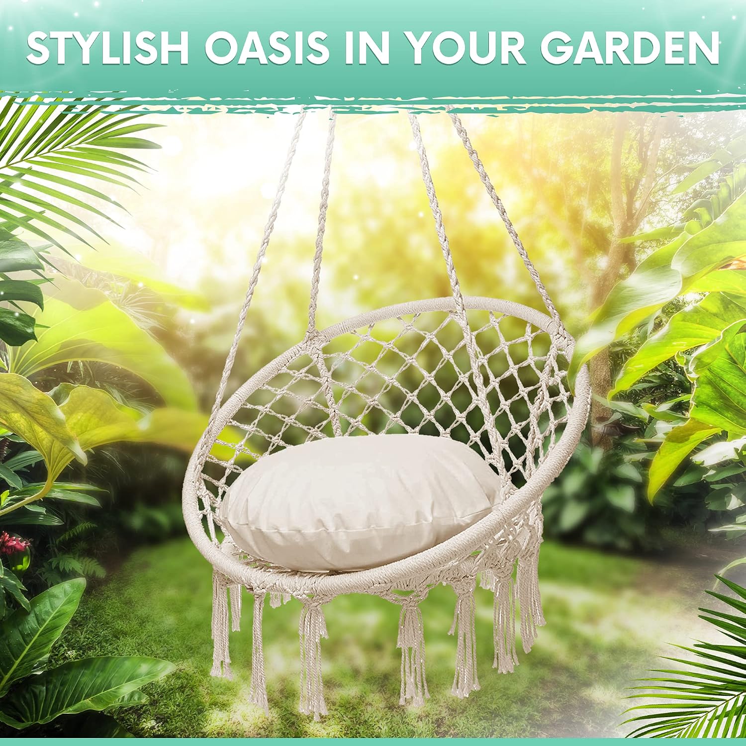 Project One Macrame Hanging Hammock Chair, Hand Woven Rope Hammock Swing Chair for Indoor, Outdoor, Home, Bedroom, Patio, Deck, Garden (Beige)