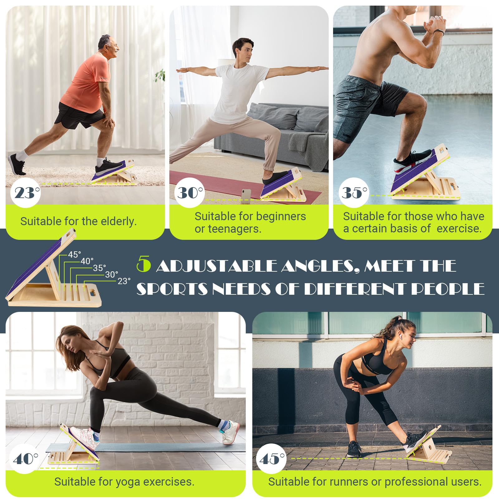 Tabla inclinada para estirar pantorrillas, tabla inclinada de madera portátil ajustable para estirador de pantorrillas con póster de entrenamiento, capacidad de peso de 300 libras, cuña elástica para