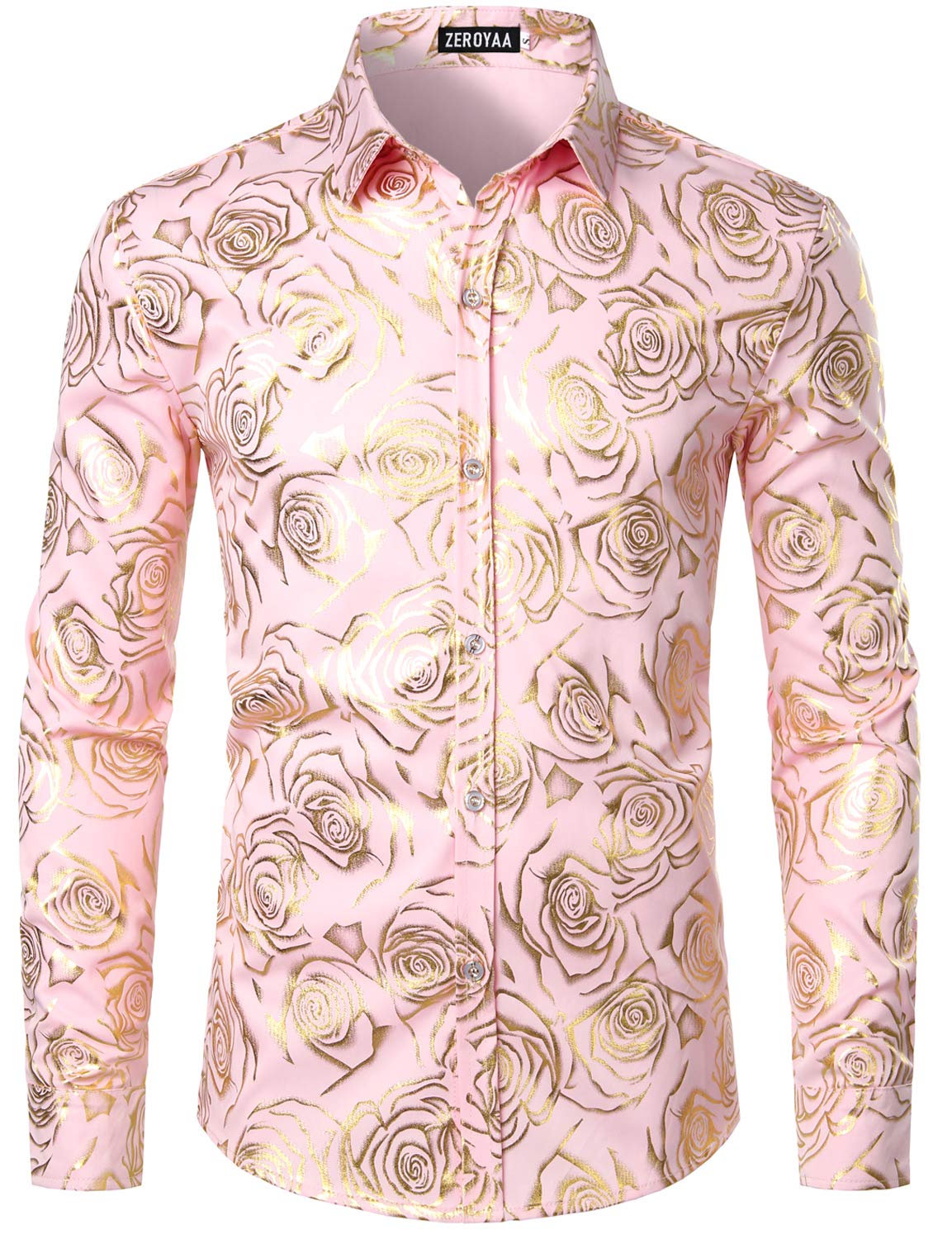 ZEROYAA Mens Hipster Gold Rose Printed Slim Fit Long Sleeve Dress Shirts/Prom Performing Shirts