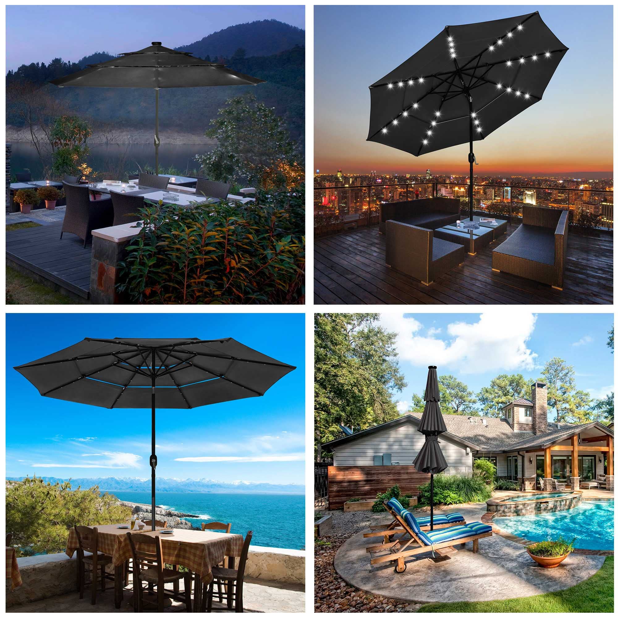 Yescom UV70+ 3-Tiers 10ft LED Patio Umbrella with Solar Powered Crank Tilt for Garden Yard Pool Market Deck Table Black
