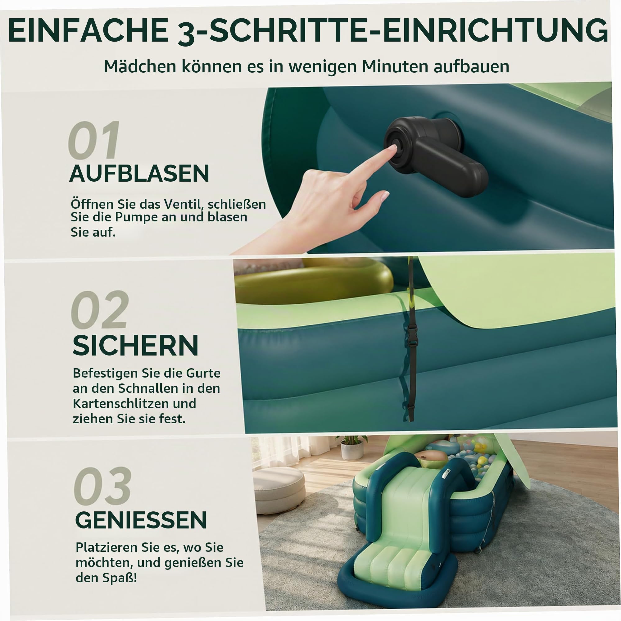 Aufblasbare Poolrutsche für oberirdische Pools – schnell aufblasbare Poolrutsche für Sommerspiele im Hinterhof (grün), Gartendekoration