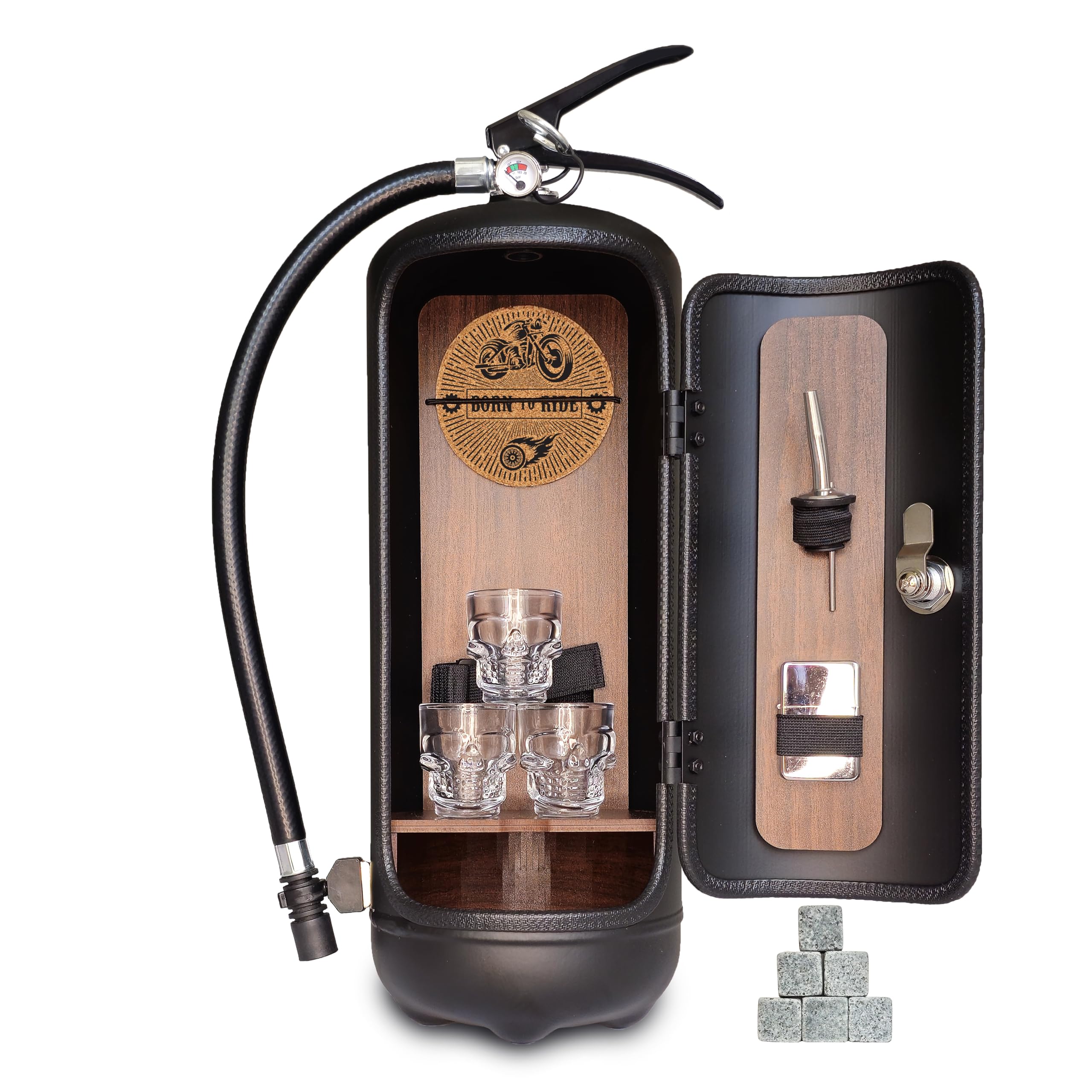 Feuerlöscher Minibar Motorradfahrer mit inkl. 3 Schnapsgläser, Whiskysteine, Schnapsausgießer, Korkuntersetzer - Ideales Originelles Geschenk für Mann