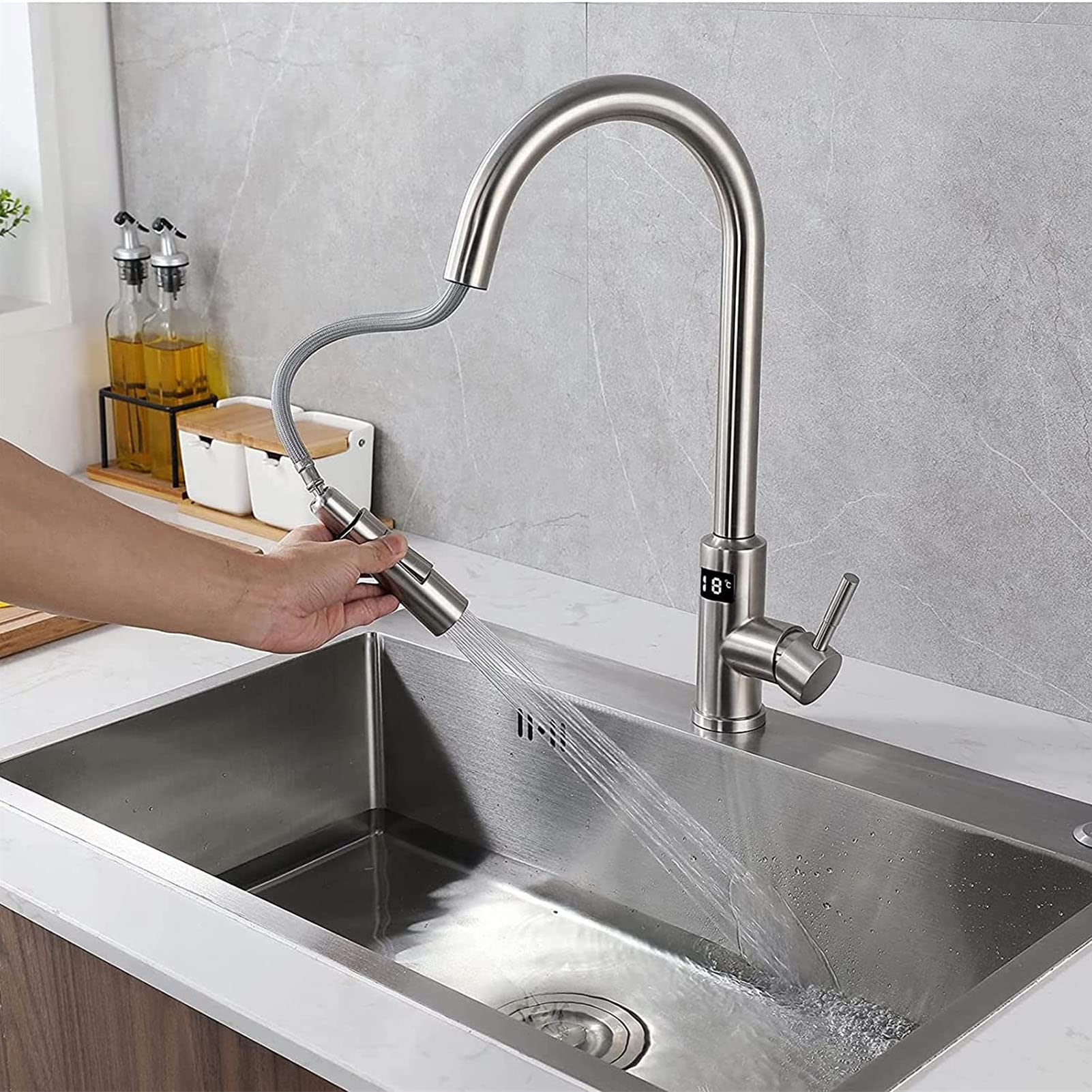 Touch Küchenarmatur mit Ausziehbarer Brause, Smart Sensor Küchenarmatur mit Temperaturanzeige, Mischbatterie Küche, Edelstahl Wasserhahn Küche, 360° Schwenkbar Spültischarmatur