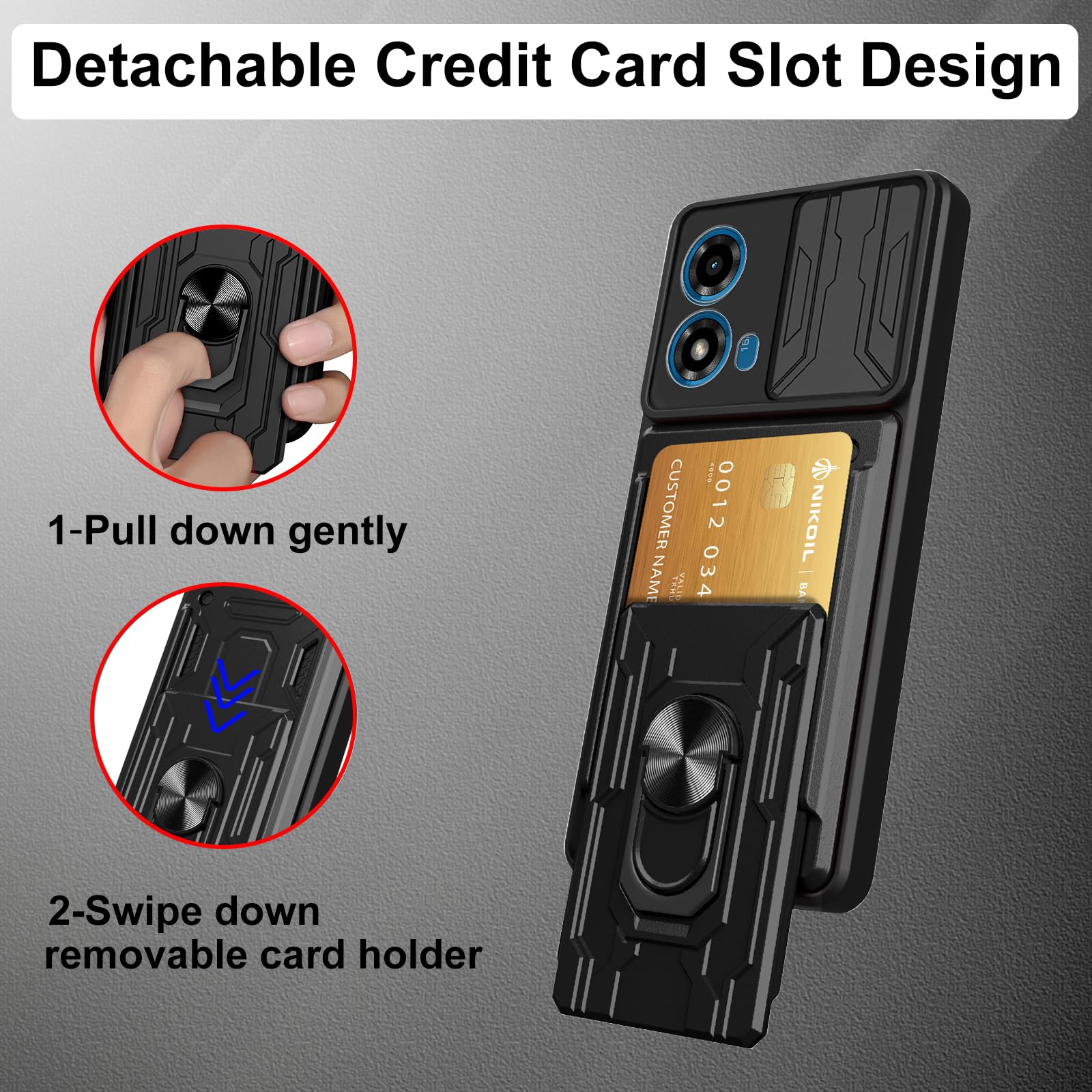 CONAPIKA Cover per Motorola Moto G04/G04s con 2 Vetro Temperato, Rigida Antiurto Cover [Magnetica Kickstand][Protezione Fotocamera][Slot per Schede] Militare Resistente Robusta Custodie Protettiva