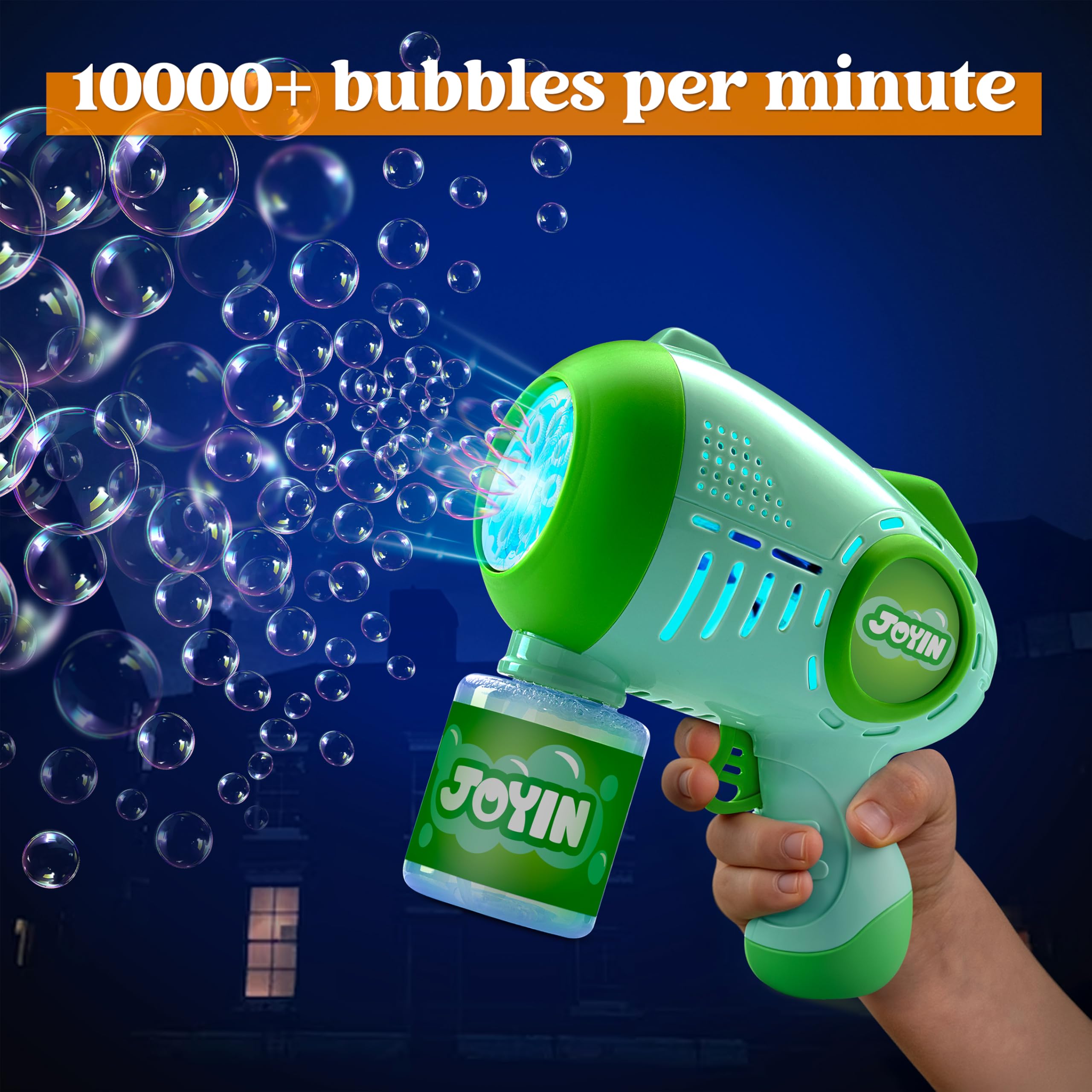 JOYIN 2 pistole a bolle per bambini con 4 bottiglie di soluzione, pistola automatica a bolle con 8 fori per bambini, adulti, giocattoli estivi, regali di Pasqua, regali di compleanno, Verde, Blu