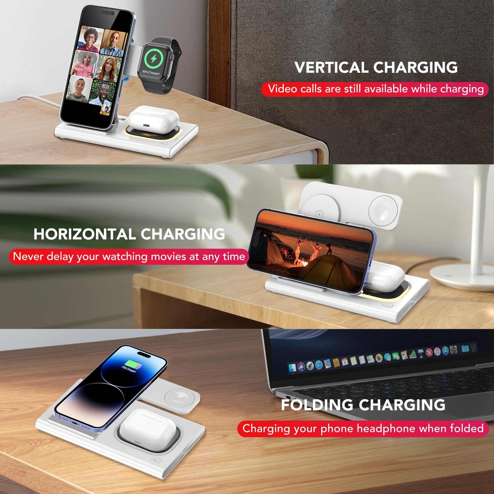 Aimtel 3 in 1 Stazione di Ricarica Wireless style,Connectivity Usb Technology,compatible con iPhone 16/16 Pro/16 Pro Max/16 Plus/15 Models/Apple Watch 10/Ultra 2/9/Air Pods Pro