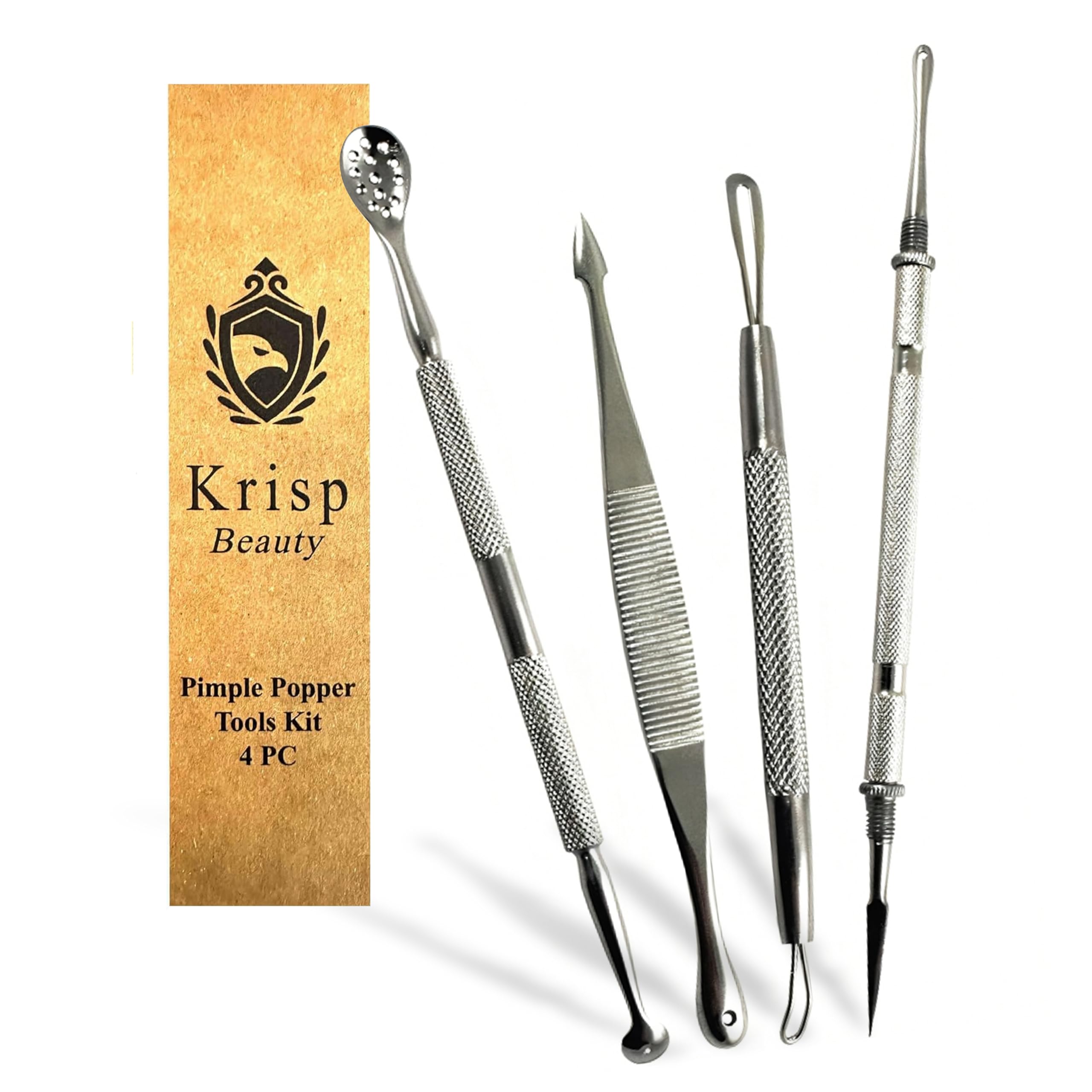 Blackhead Remover Extractor Pimple Popper Tools - Comedone Acne Zit Cleaner Kit for Nose Facial Pore Press Tool for Face Blemish Whitehead Popping Extractors, Stainless Steel 4 Pc Set by Krisp Beauty