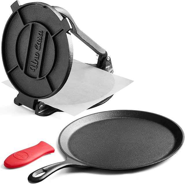 Uno Casa Cast Iron Tortilla Press 8 Inch with Cast Iron Comal Pan - Bundle of Cast Iron Tortilla Skillet for Roti Pan, Tawa Pan, Dosa Pan & Tortilla Press Pataconera, Comales para Tortillas