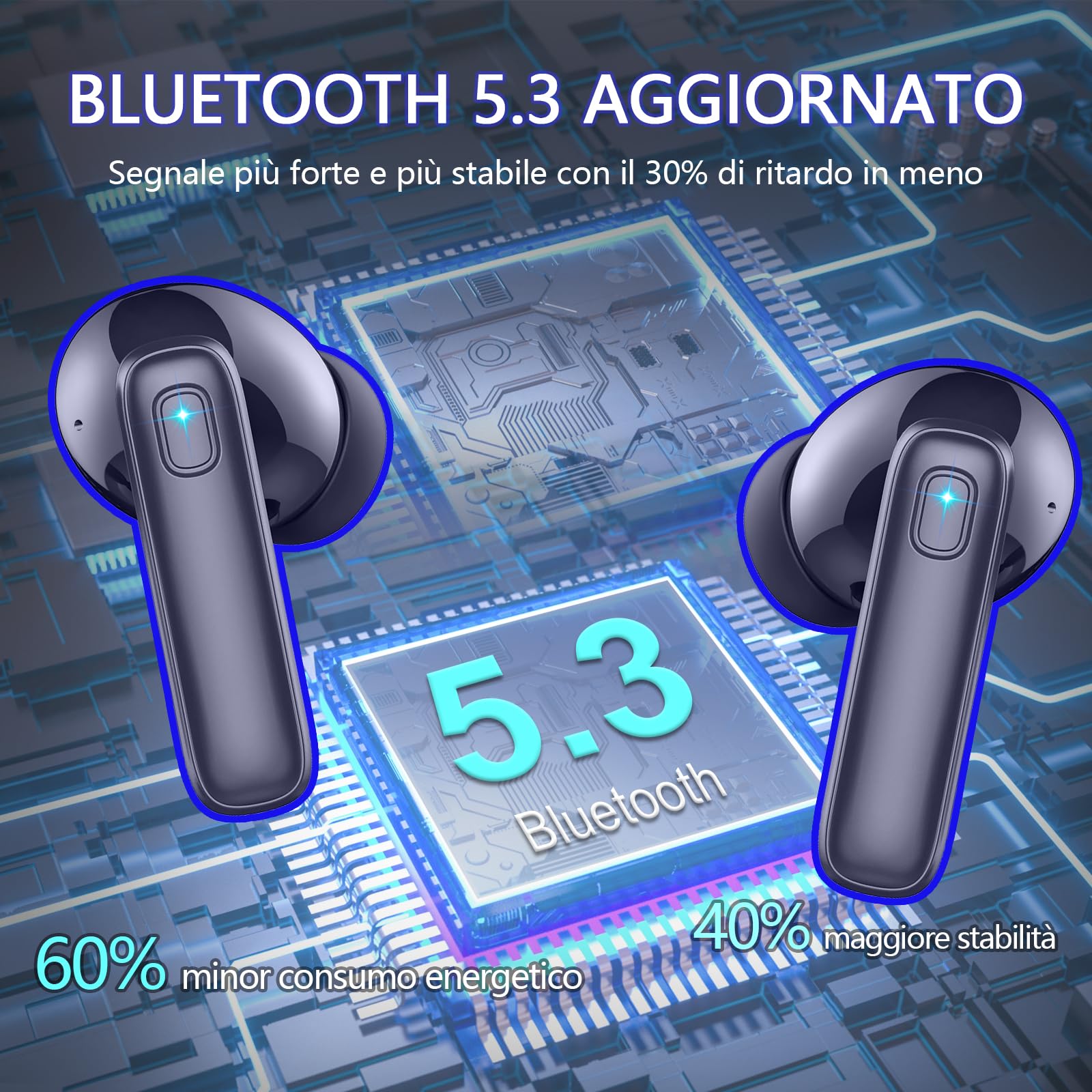 Cuffie Bluetooth, Auricolari Bluetooth 5.3 Stereo con 4 HD ENC Mic, Cuffie Wireless In Ear Cancellazione Rumore, 40 Ore Cuffie Senza Fili IP7 Impermeabile, Cuffiette Bluetooth LED Display, Blu