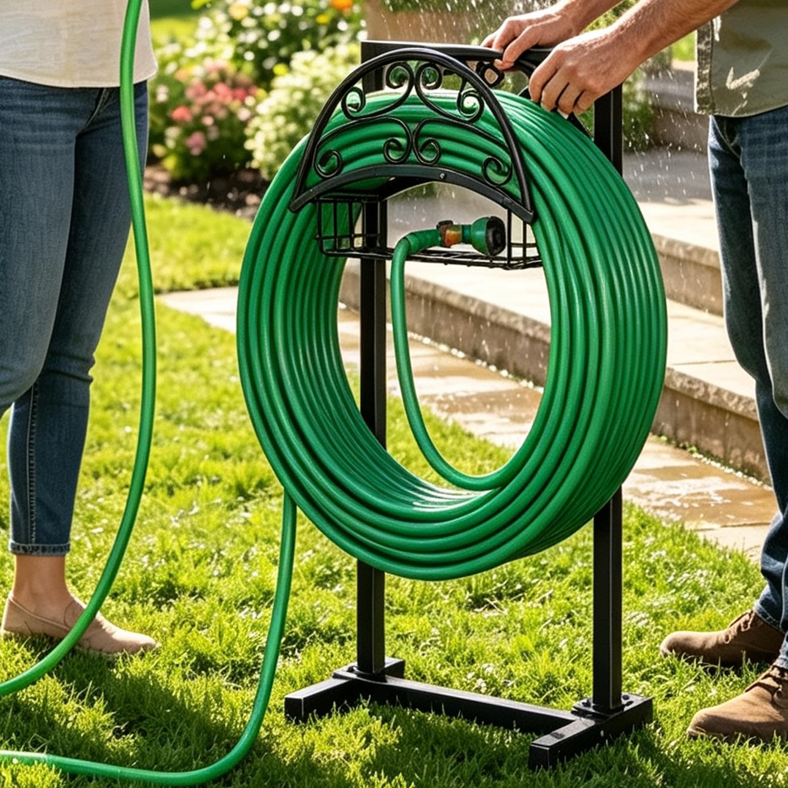 Soporte para manguera de jardín, colgador de pared, cesta de almacenamiento