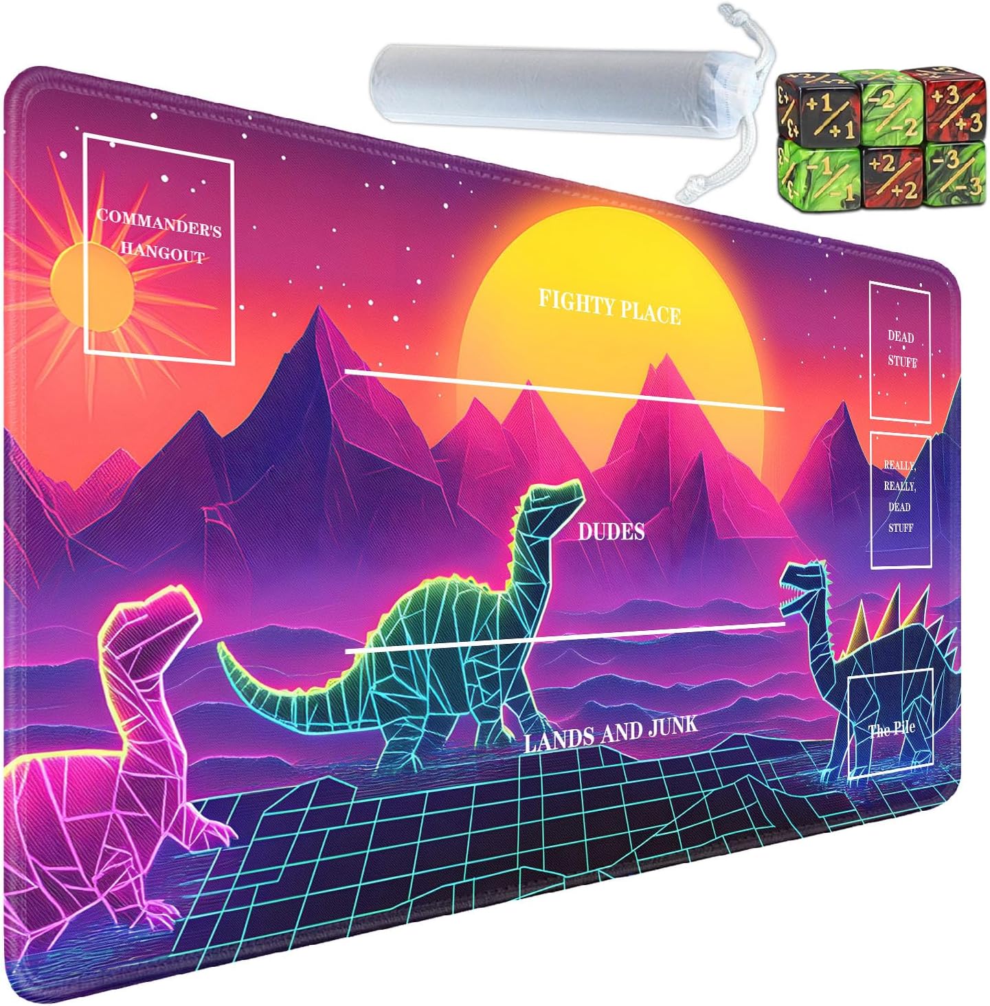for TCG Playmat with Zones, Non-Slip Rubber Bottom Trading Card Game Mat with Storage Bag and 6 Dice, 24 x 14 inches for MTG Game Mat, Neon Dinosaur Retro