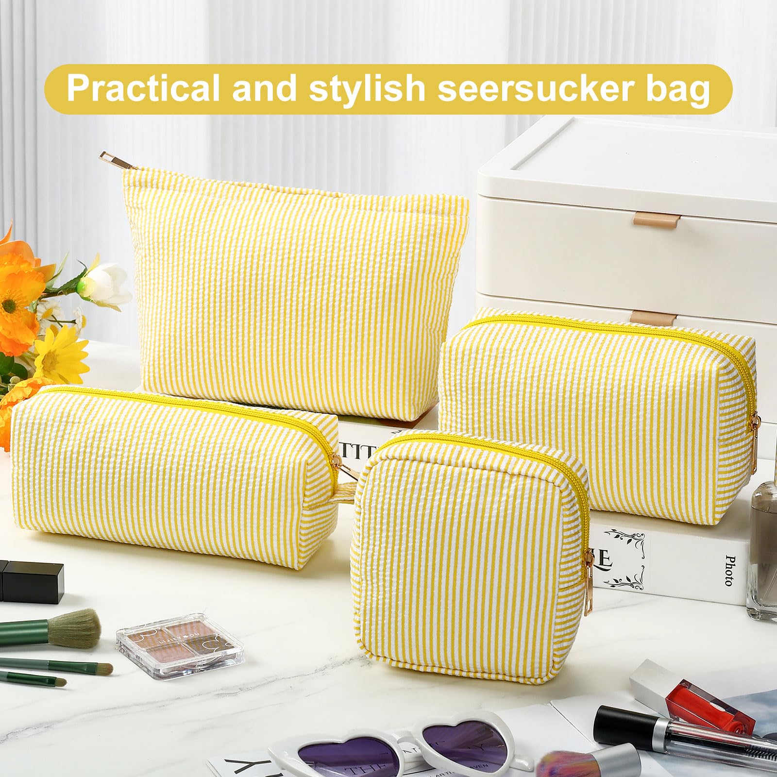 Sanwuta 4-Piece Seersucker Cosmetic Bag and Travel Pouch Set