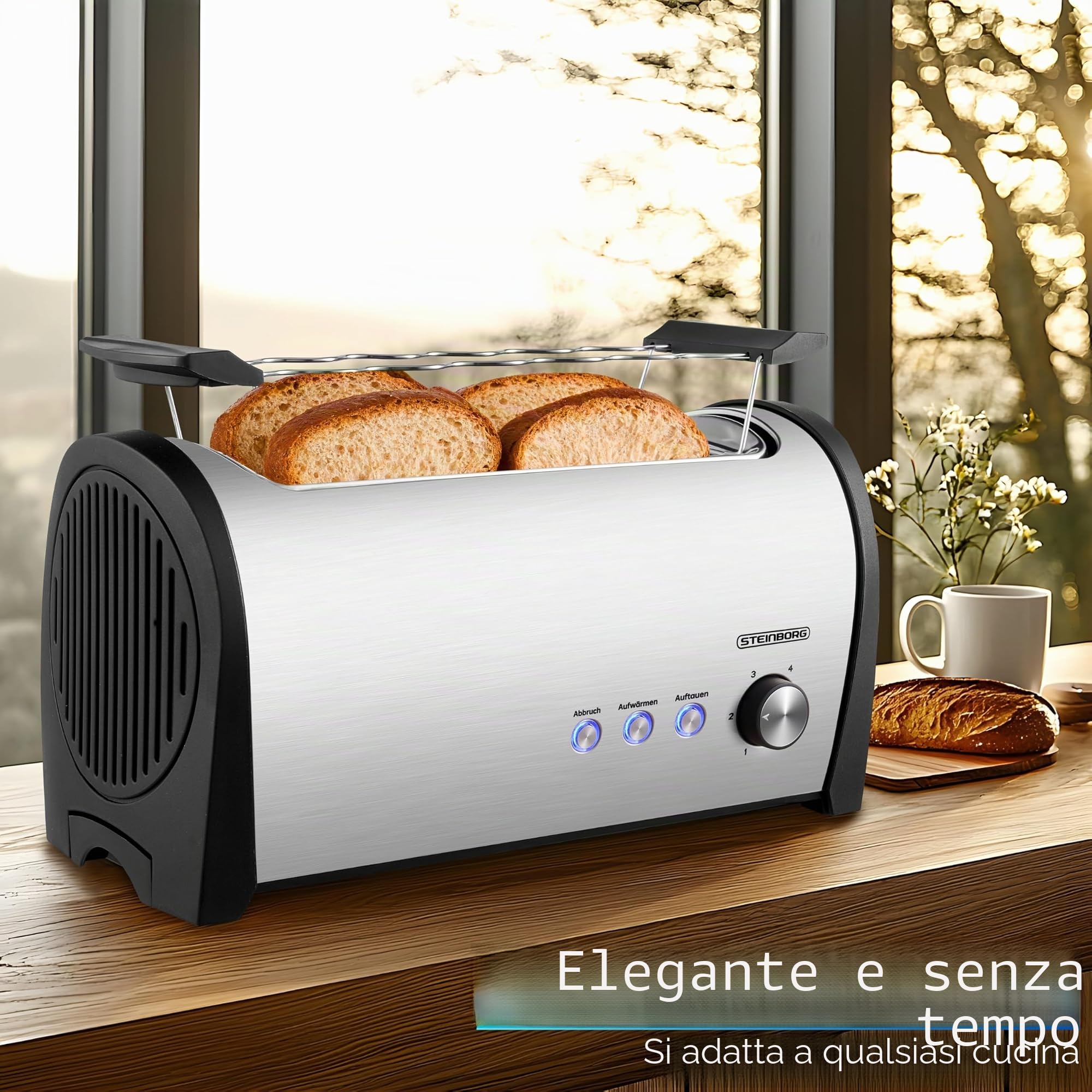 Steinborg Tostapane a 4 fette con inserto per panino, XXL, in acciaio inox, blu, illuminazione a LED, spegnimento automatico, tostapane doppio, tostapane per famiglie