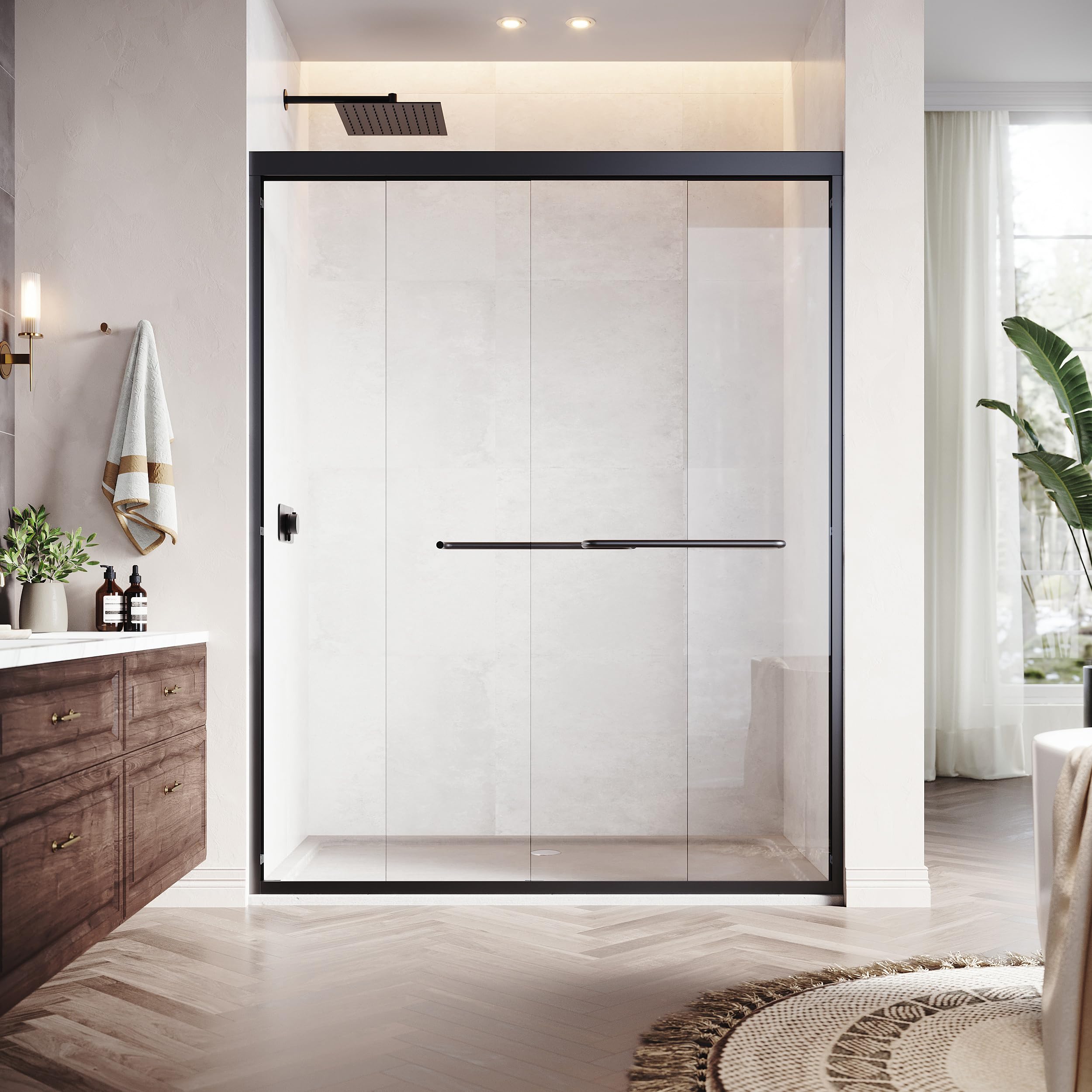 Sliding Shower Door 56 to 60'' W x 72'' H,Semi Frameless Double Glass Shower Door with 1/4" (6mm) Clear SGCC Tempered Glass,Stainless Steel, Easy to Clean,Matte Black.