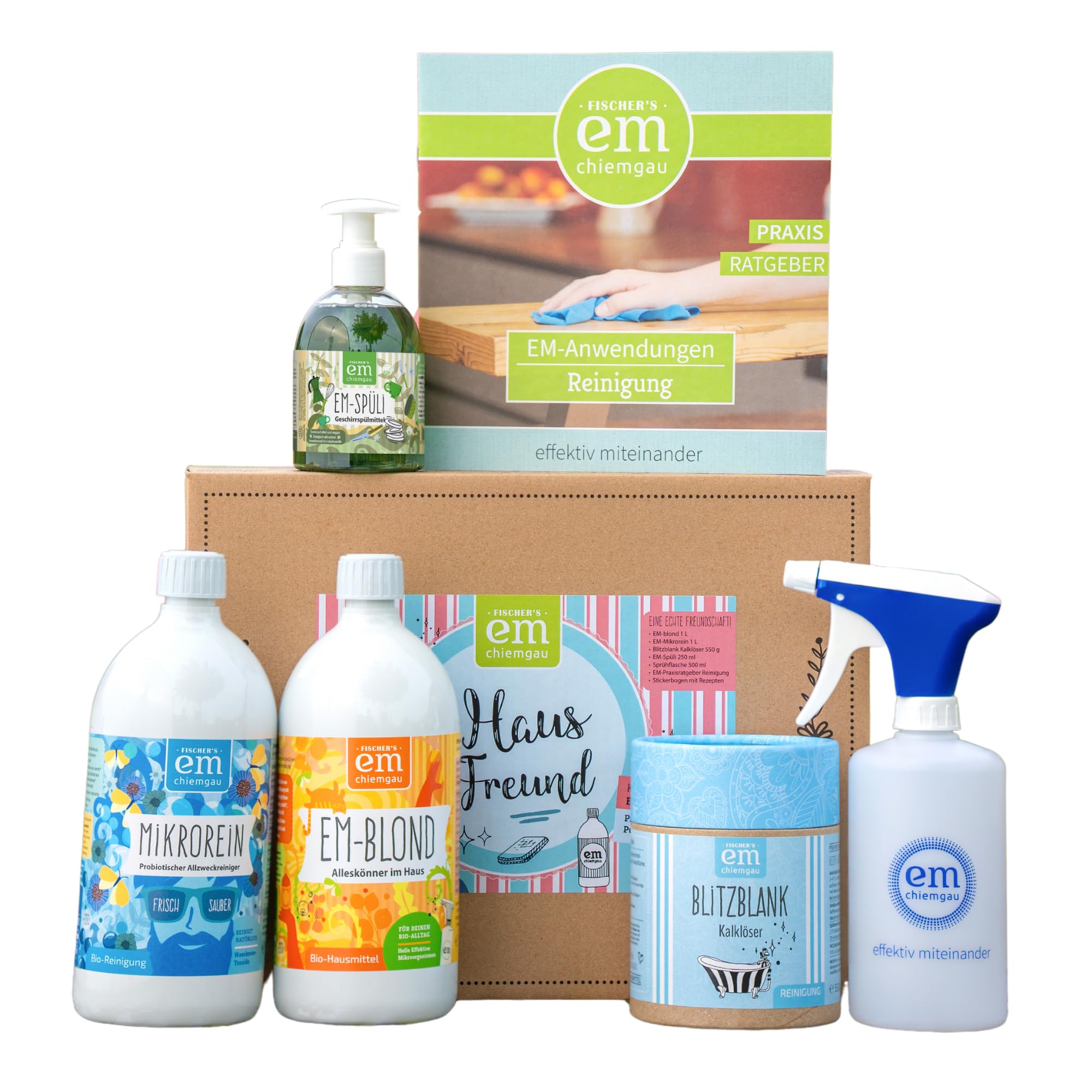 Fischer's EM-Chiemgau®Reinigungsset – Probiotische Reinigung für Haushalt – umweltfreundliches Starter-Set mit EM-Mikrorein, EM-blond, Kalklöser, EM-Spülmittel & Sprühflasche - natürlich & ökologisch