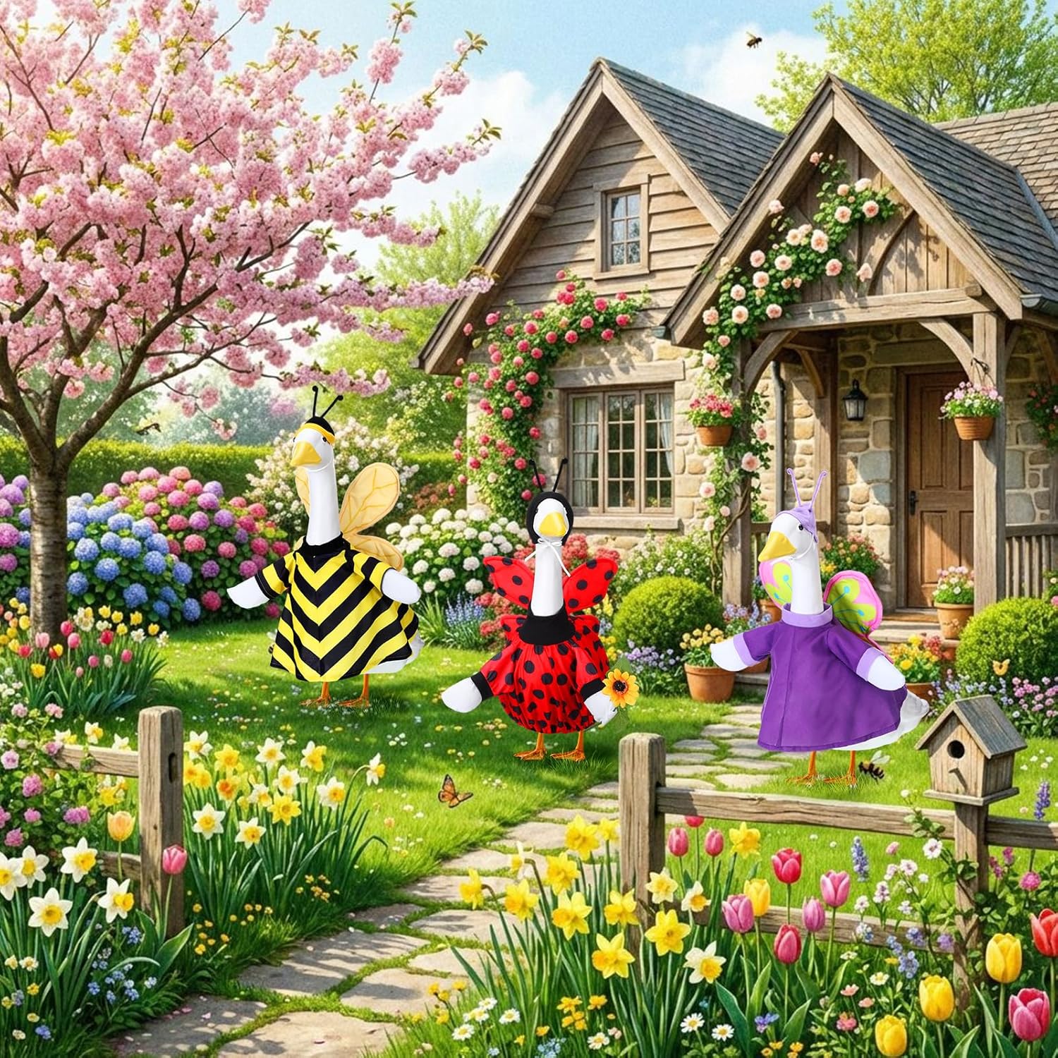 Geyoga 3 Pcs Spring Goose Outfits Bee Butterfly Ladybug Porch Goose Clothes 23 Inch Garden Geese Costume for Spring Garden Patio Yard Outdoor Decor