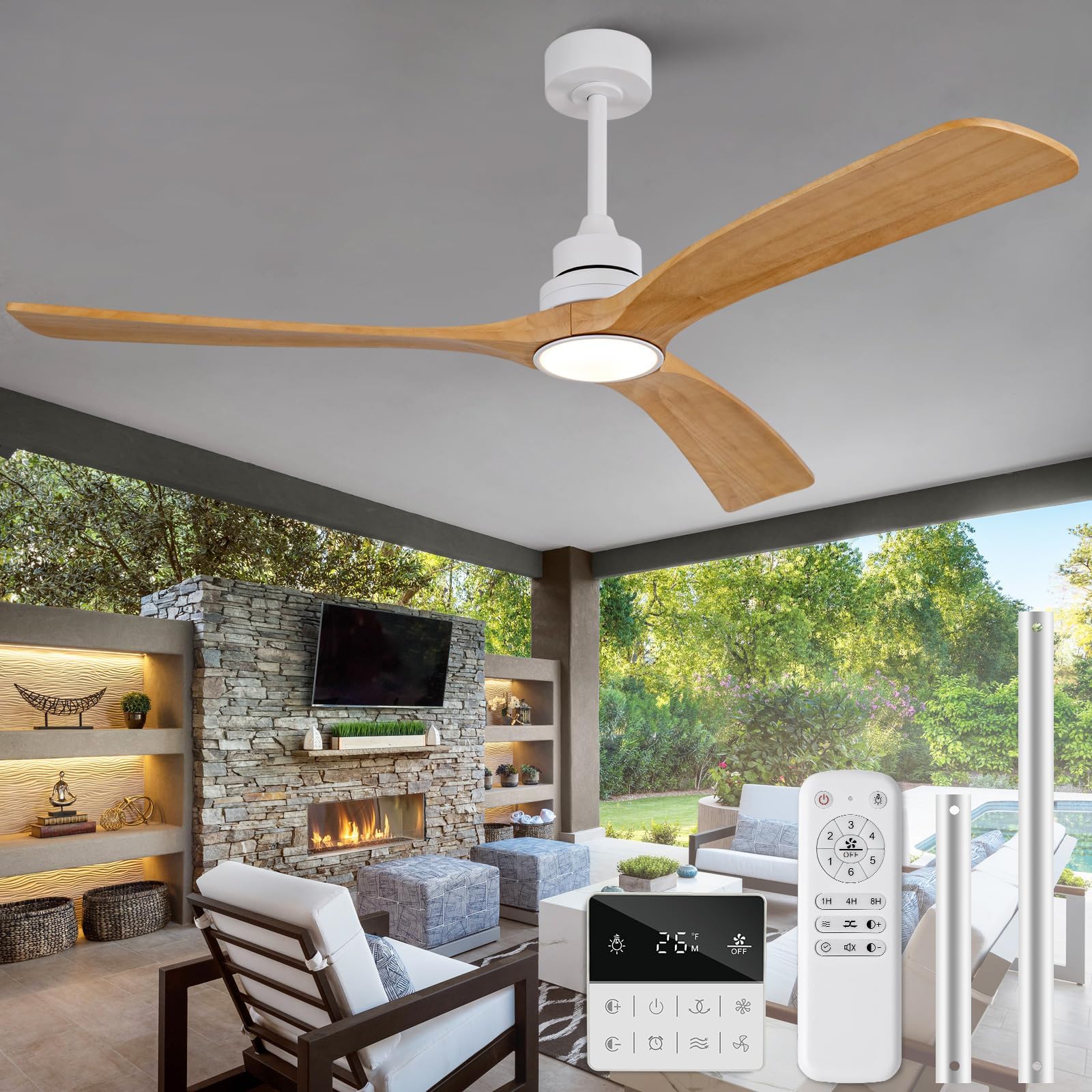 Ceiling Fan with Light 60 inch,Remote Control,Wall Switch,Solid Wood Blades,Dimmable,Reversible Quiet DC Motor,Power Off Memory Modern White Ceiling Fan for Bedroom Patio Indoor/Outdoor Use
