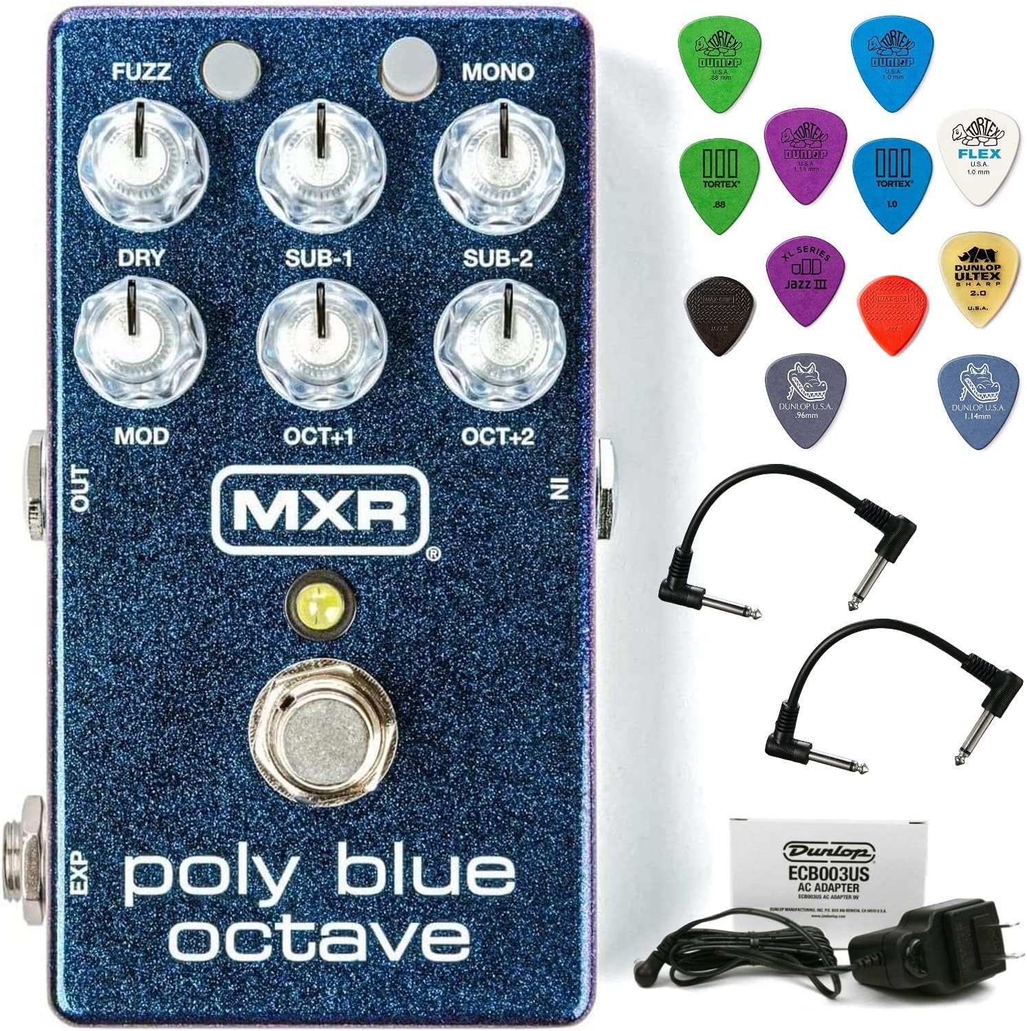 Briskdrop MXR M306 Poly Blue Octave Bundle with 2 Patch Cables, 9V Power Supply, and Dunlop PVP113 Pick Pack