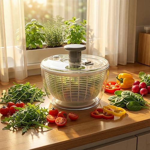 Miniatura 4 de Le'raze Escurridor de ensalada de vidrio con tapa hermética, sin BPA, lavadora giratoria de lechuga de fácil bombeo, cuenco de lavado de frutas con
