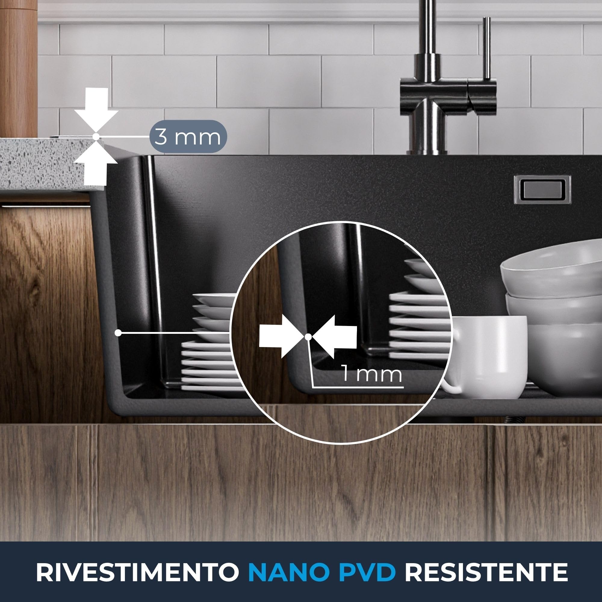 ANW HOME Lavello Cucina 1 Vasca 60x50 cm, Grafite | Incasso, Rivestimento Nano, Spessore 3,0/1 mm, Profondità 22 cm, Con Sifone