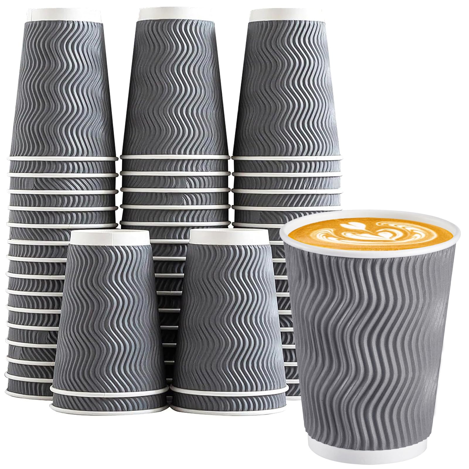 Lamosi 12 oz Insulated Coffee Cups Disposable - 50 Count Grey Paper Coffee Cups No Lids 12oz, Corrugated Ripple Wall Design for Hot Cold Drinks
